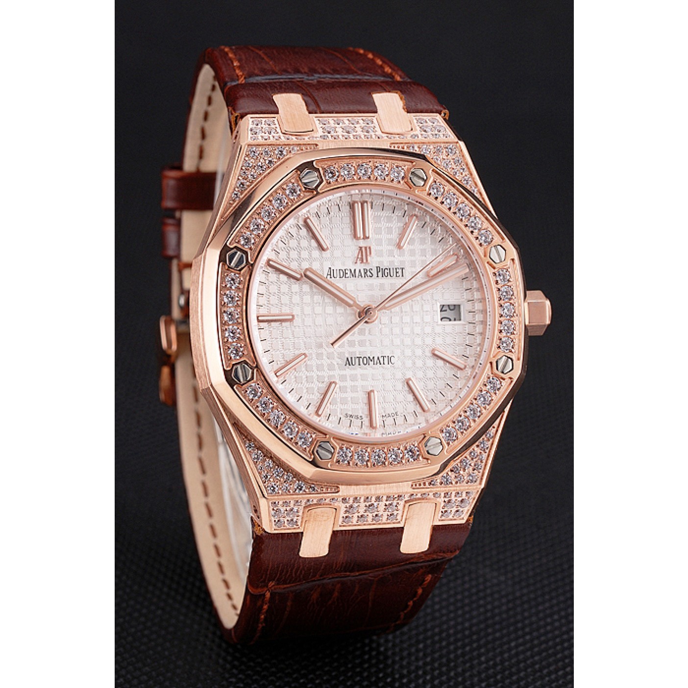 MiroTime Swiss Audemars Piguet Royal Oak White Dial Gold Case With Diamonds Brown Leather Strap