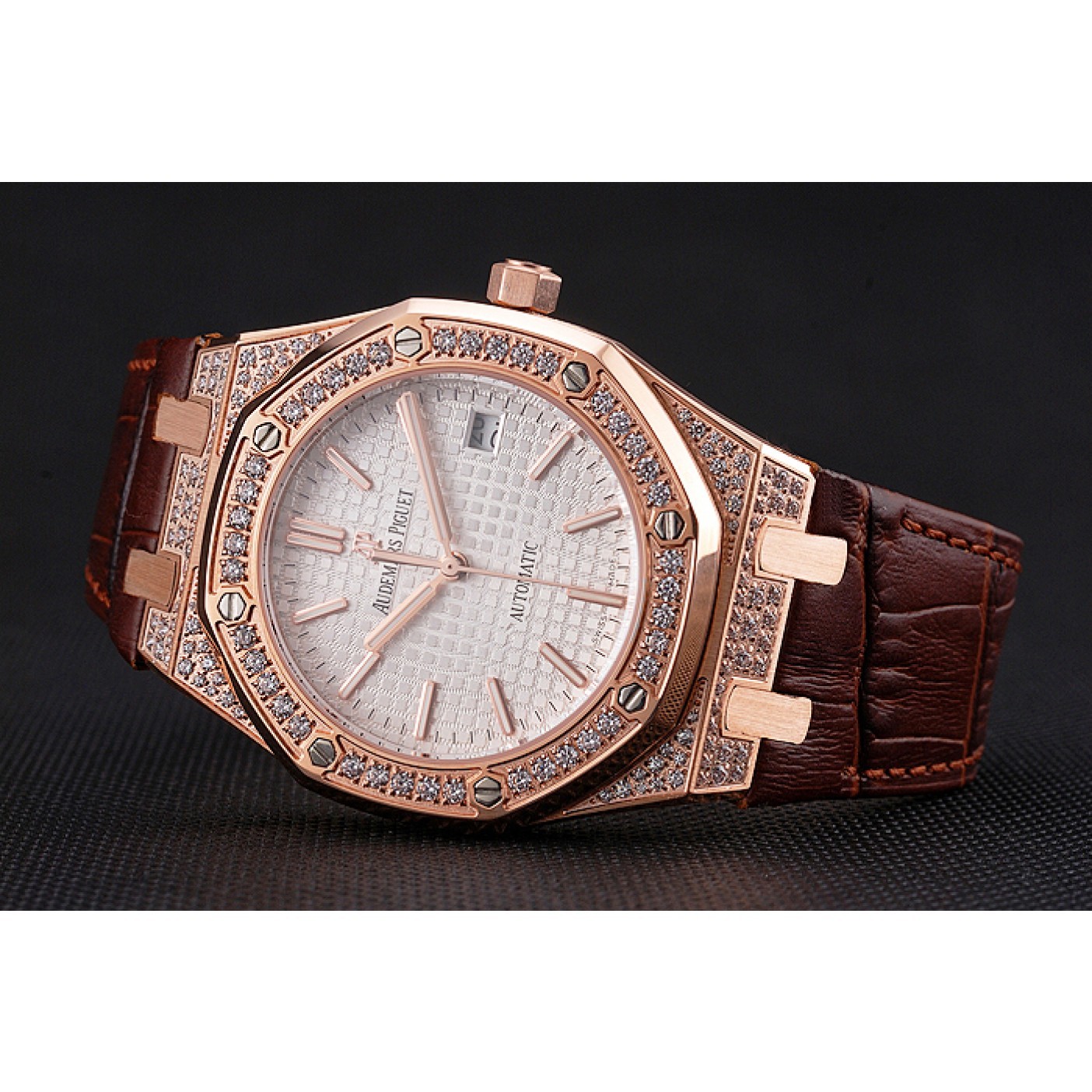 MiroTime Swiss Audemars Piguet Royal Oak White Dial Gold Case With Diamonds Brown Leather Strap