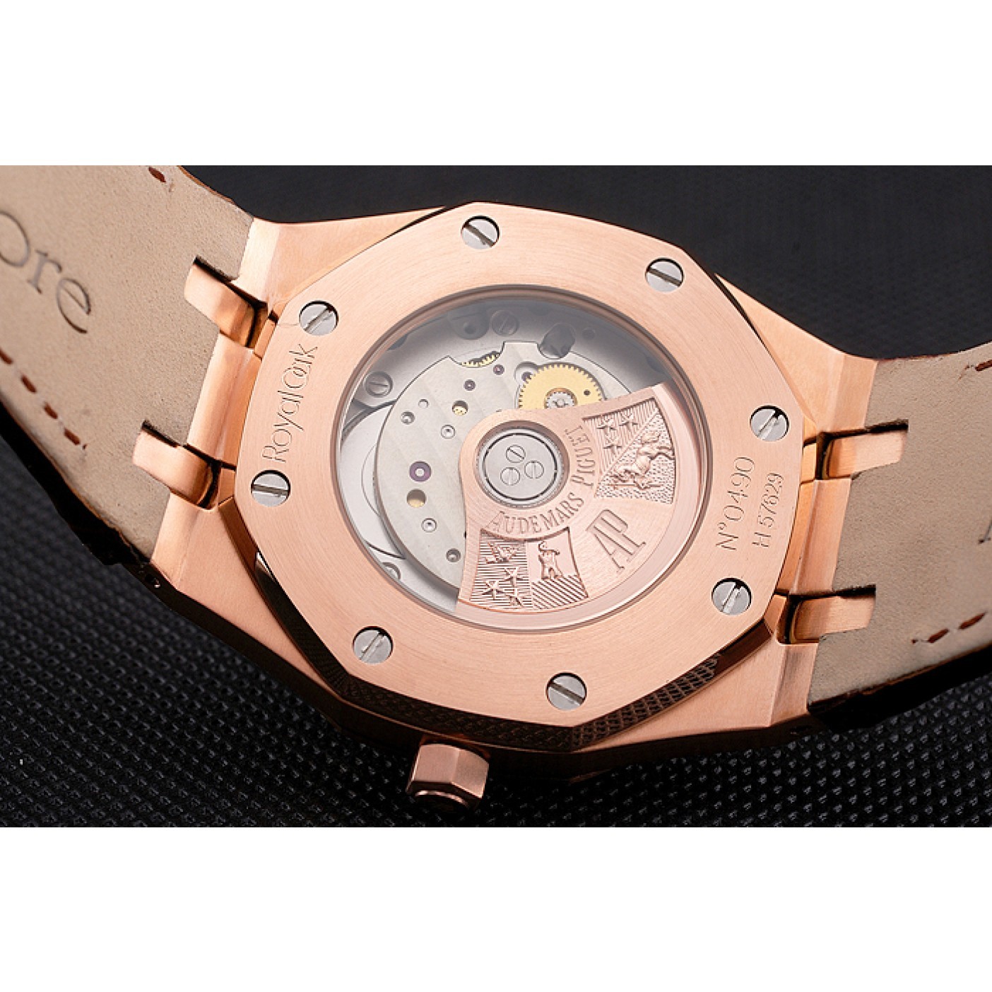 MiroTime Swiss Audemars Piguet Royal Oak White Dial Gold Case With Diamonds Brown Leather Strap
