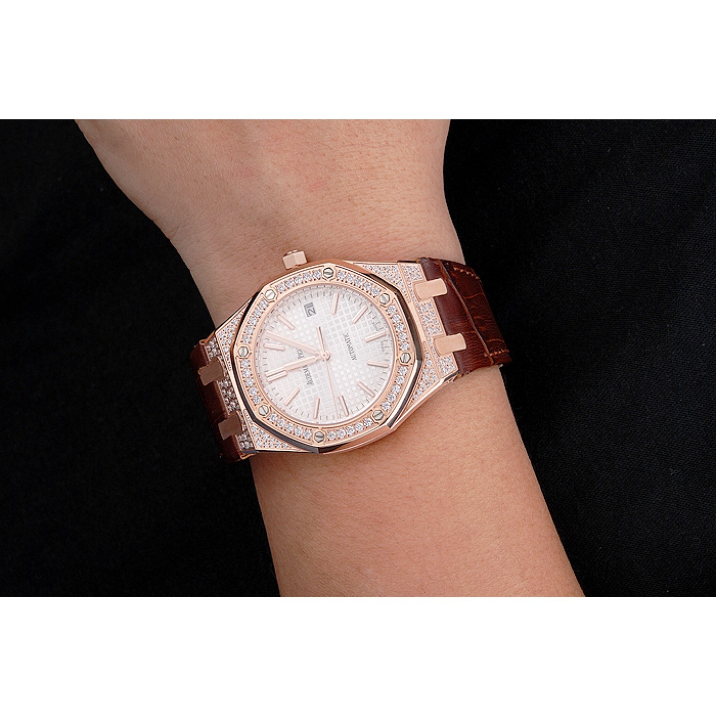 MiroTime Swiss Audemars Piguet Royal Oak White Dial Gold Case With Diamonds Brown Leather Strap