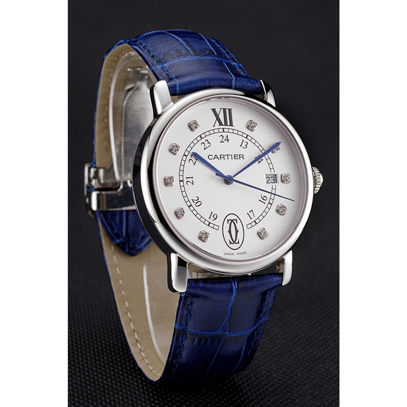 MiroTime Cartier Ronde Solo White Dial Diamond Hour Marks Stainless Steel Case Blue Leather Strap