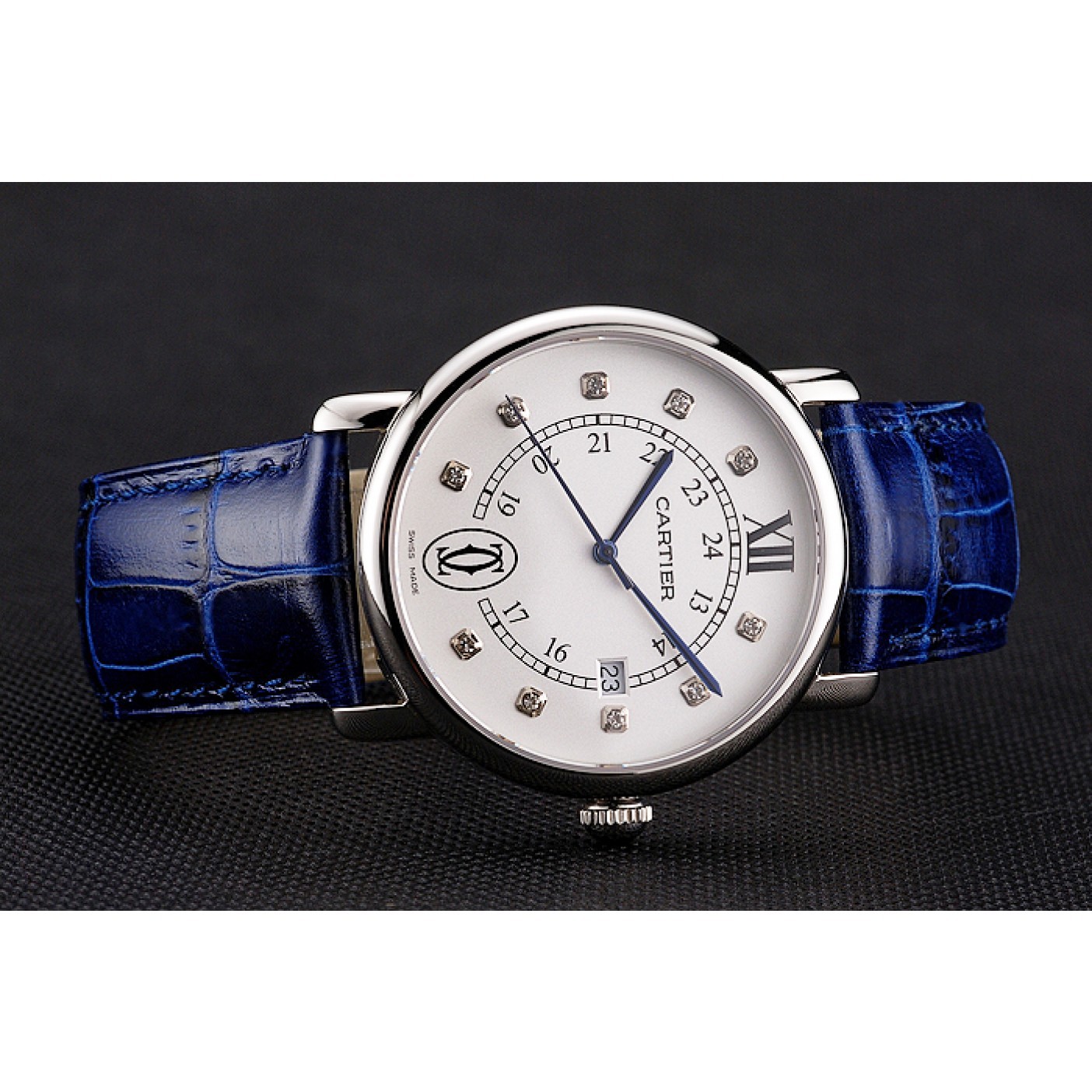 MiroTime Cartier Ronde Solo White Dial Diamond Hour Marks Stainless Steel Case Blue Leather Strap