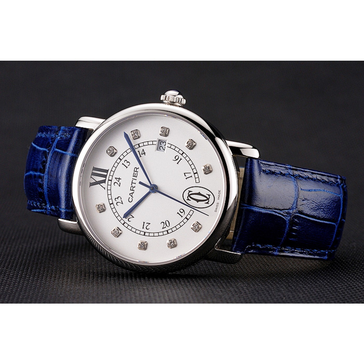 MiroTime Cartier Ronde Solo White Dial Diamond Hour Marks Stainless Steel Case Blue Leather Strap