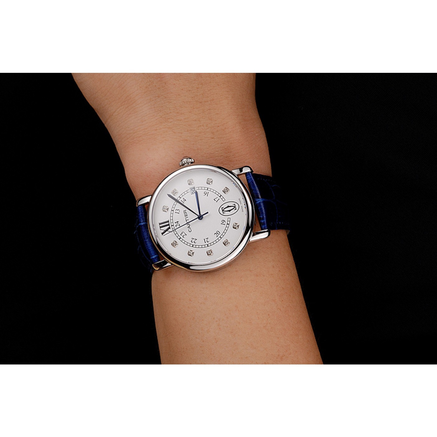 MiroTime Cartier Ronde Solo White Dial Diamond Hour Marks Stainless Steel Case Blue Leather Strap