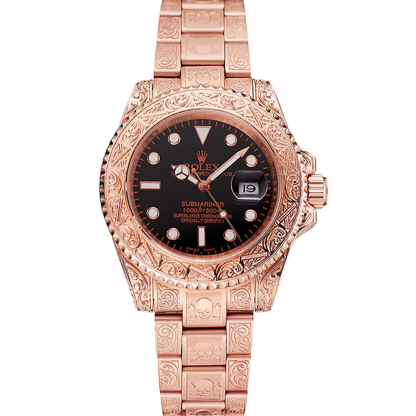 MiroTime Swiss Rolex Submariner Skull Limited Edition Black Dial Rose Gold Case And Bracelet 1454086