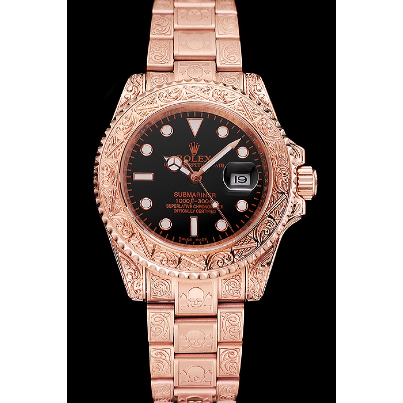 MiroTime Swiss Rolex Submariner Skull Limited Edition Black Dial Rose Gold Case And Bracelet 1454086