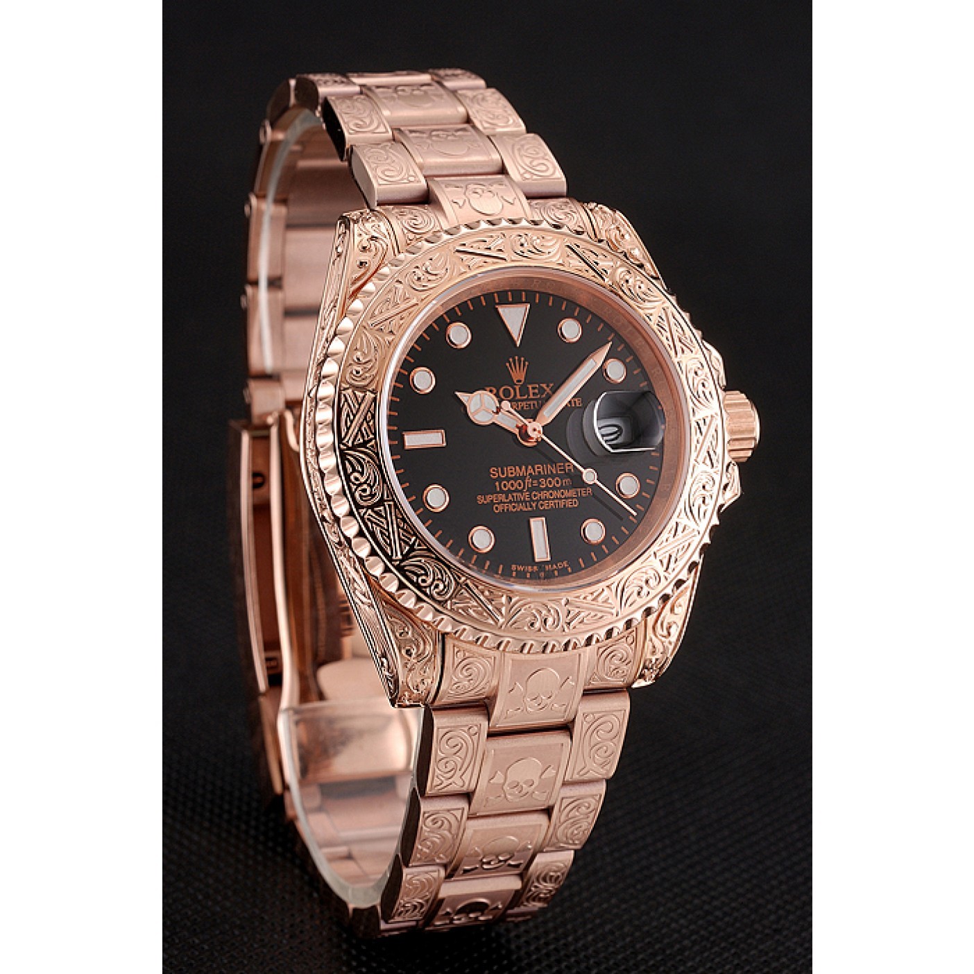 MiroTime Swiss Rolex Submariner Skull Limited Edition Black Dial Rose Gold Case And Bracelet 1454086