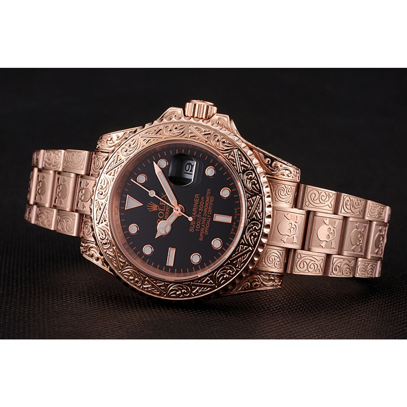 MiroTime Swiss Rolex Submariner Skull Limited Edition Black Dial Rose Gold Case And Bracelet 1454086