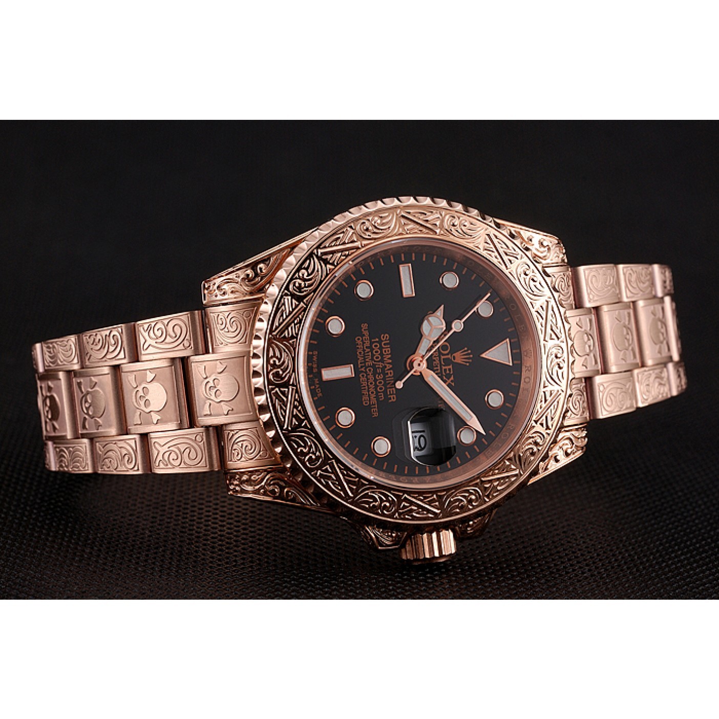 MiroTime Swiss Rolex Submariner Skull Limited Edition Black Dial Rose Gold Case And Bracelet 1454086