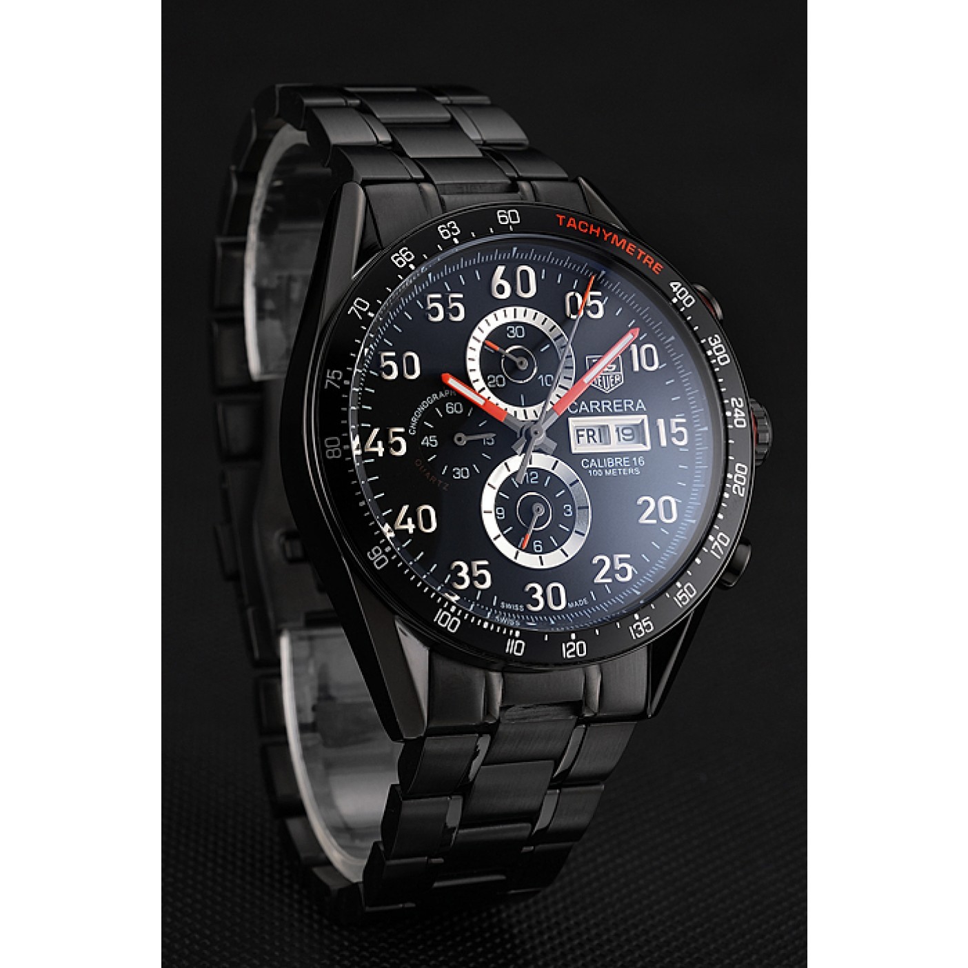 MiroTime Tag Heuer Carrera Ion Plated Stainless Steel Bracelet Black Dial 801445