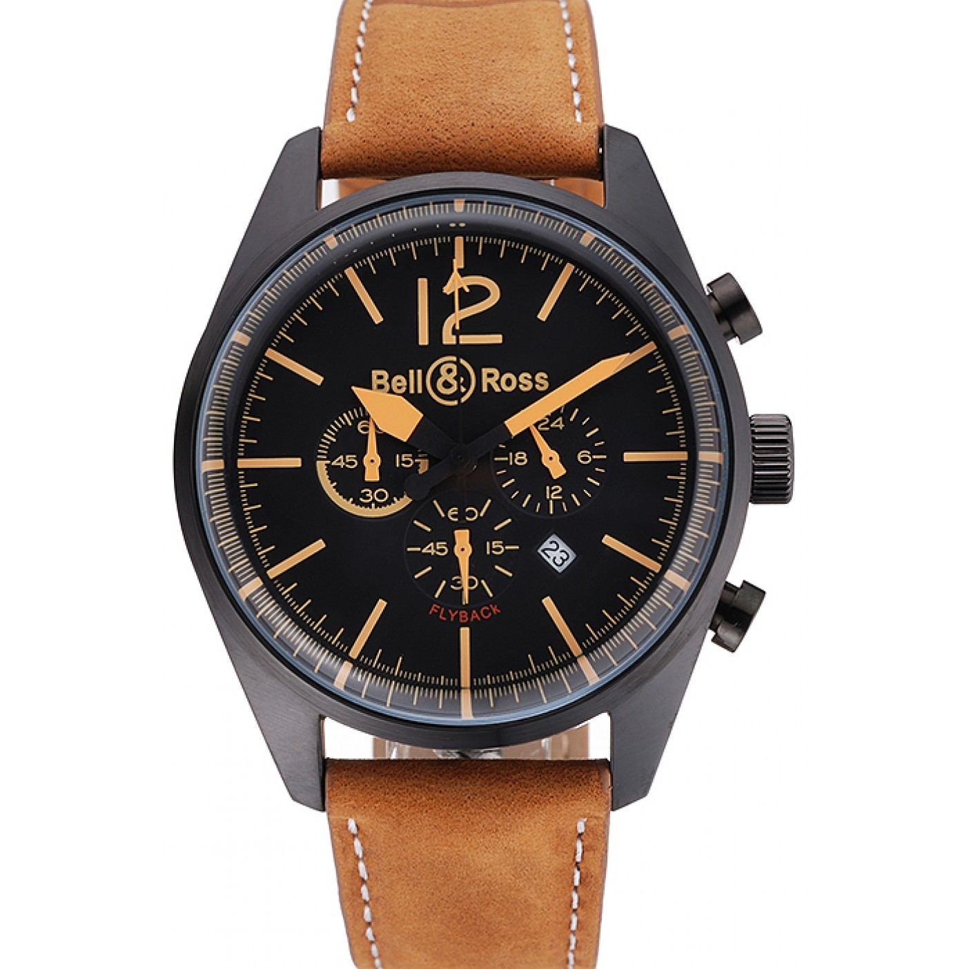 MiroTime Bell and Ross BR126 Flyback Black Dial Black Case Gold Numerals Brown Suede Leather Strap