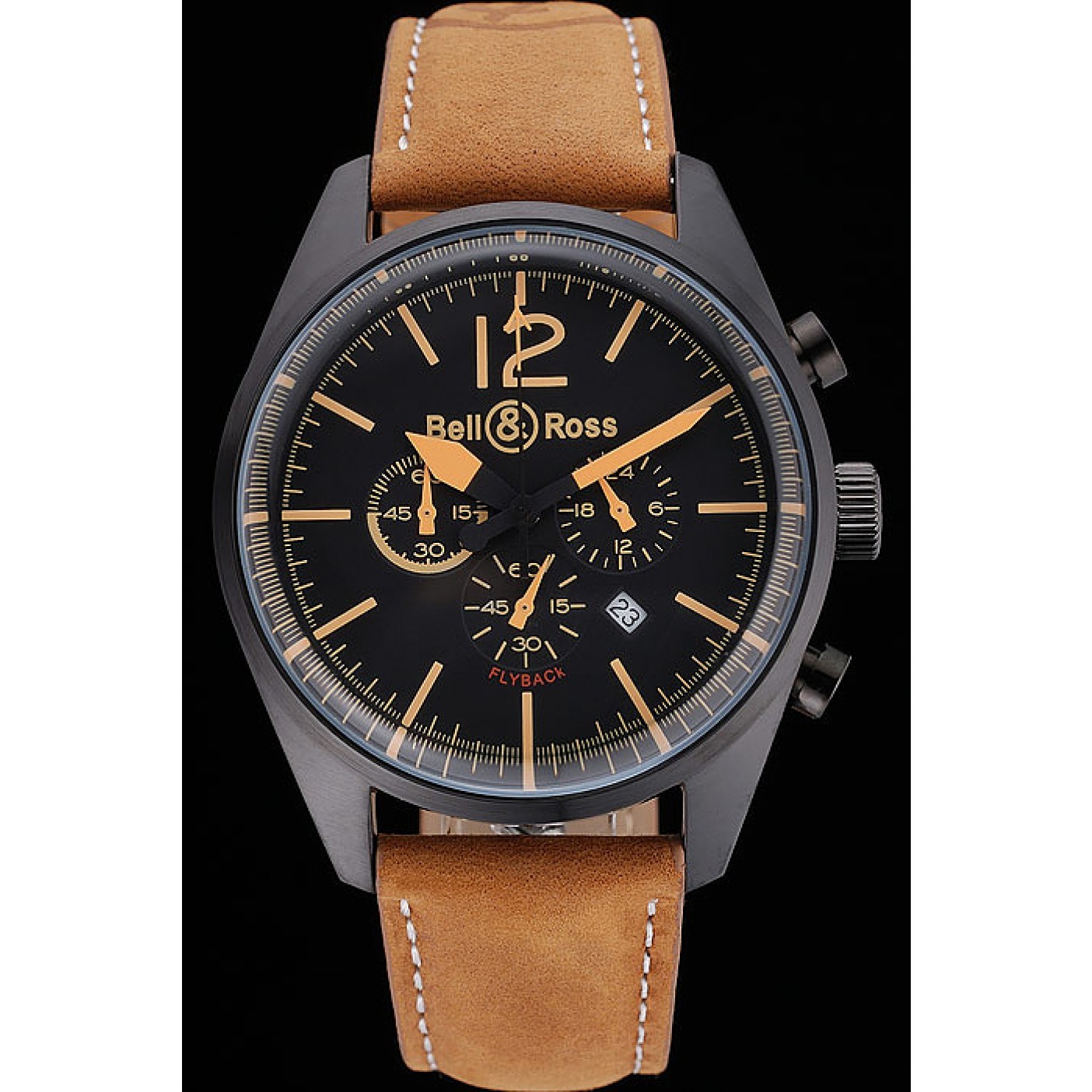 MiroTime Bell and Ross BR126 Flyback Black Dial Black Case Gold Numerals Brown Suede Leather Strap