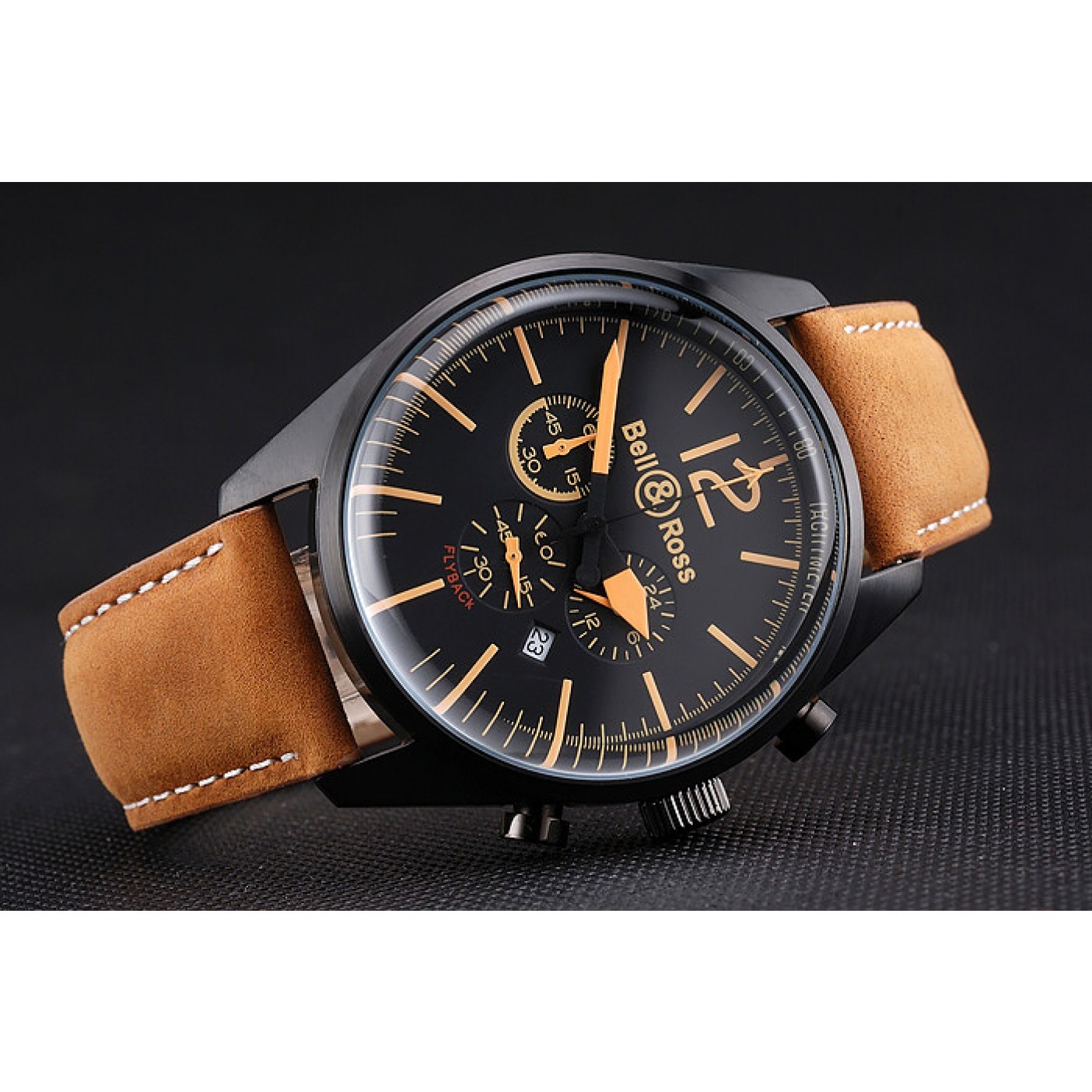 MiroTime Bell and Ross BR126 Flyback Black Dial Black Case Gold Numerals Brown Suede Leather Strap