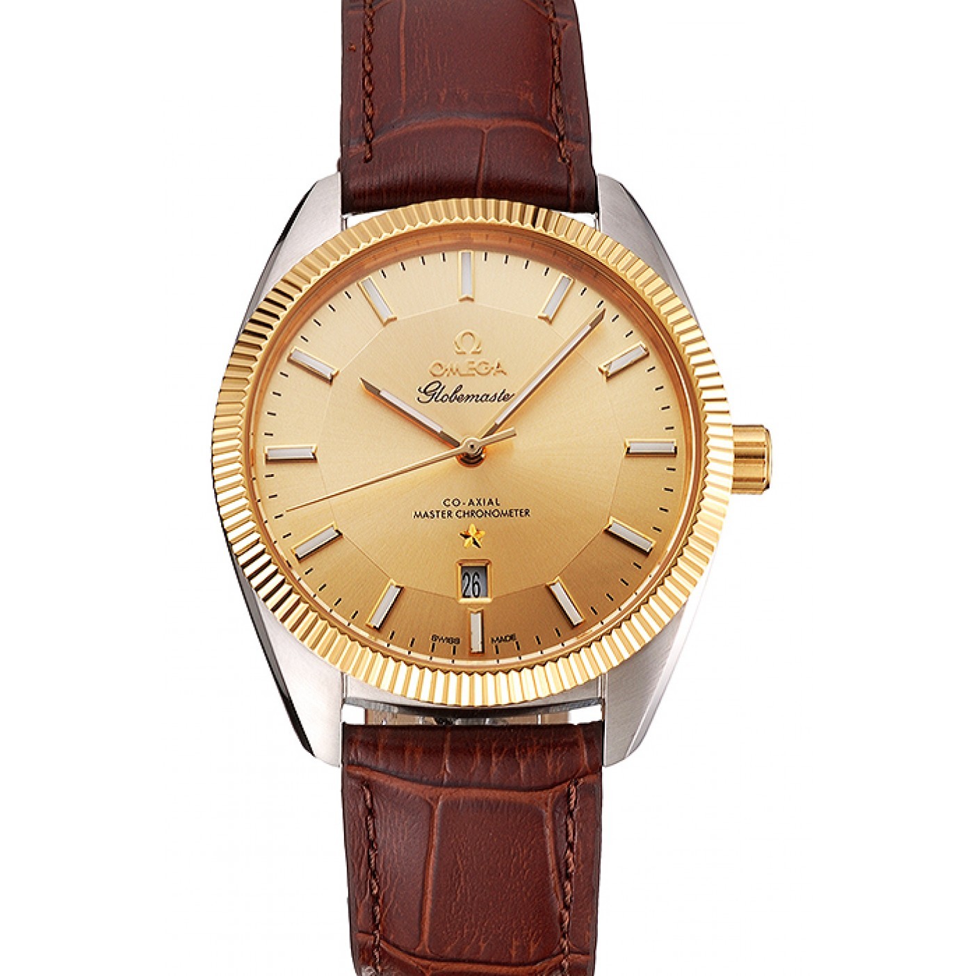 MiroTime Omega Globemaster Gold Dial And Bezel Stainless Steel Case Brown Leather Strap