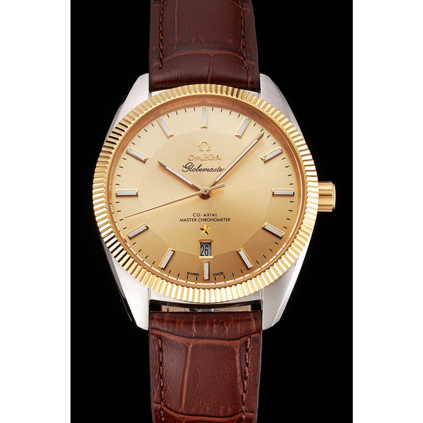 MiroTime Omega Globemaster Gold Dial And Bezel Stainless Steel Case Brown Leather Strap