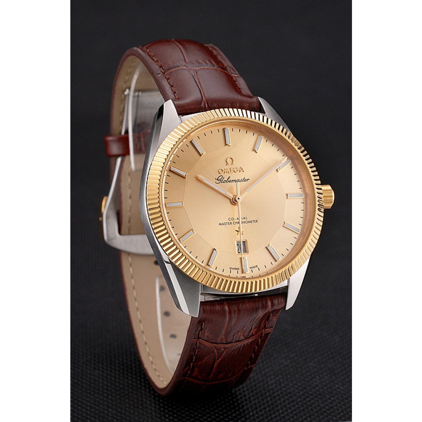 MiroTime Omega Globemaster Gold Dial And Bezel Stainless Steel Case Brown Leather Strap