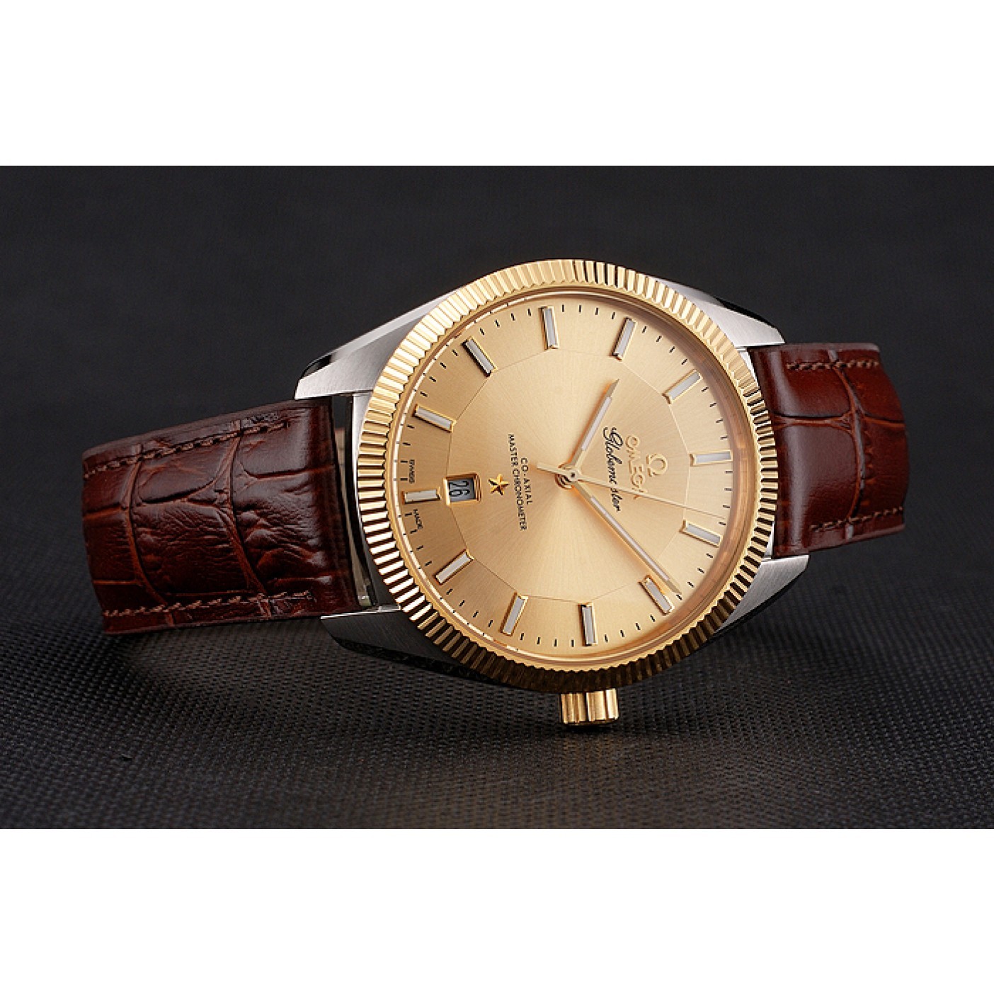 MiroTime Omega Globemaster Gold Dial And Bezel Stainless Steel Case Brown Leather Strap