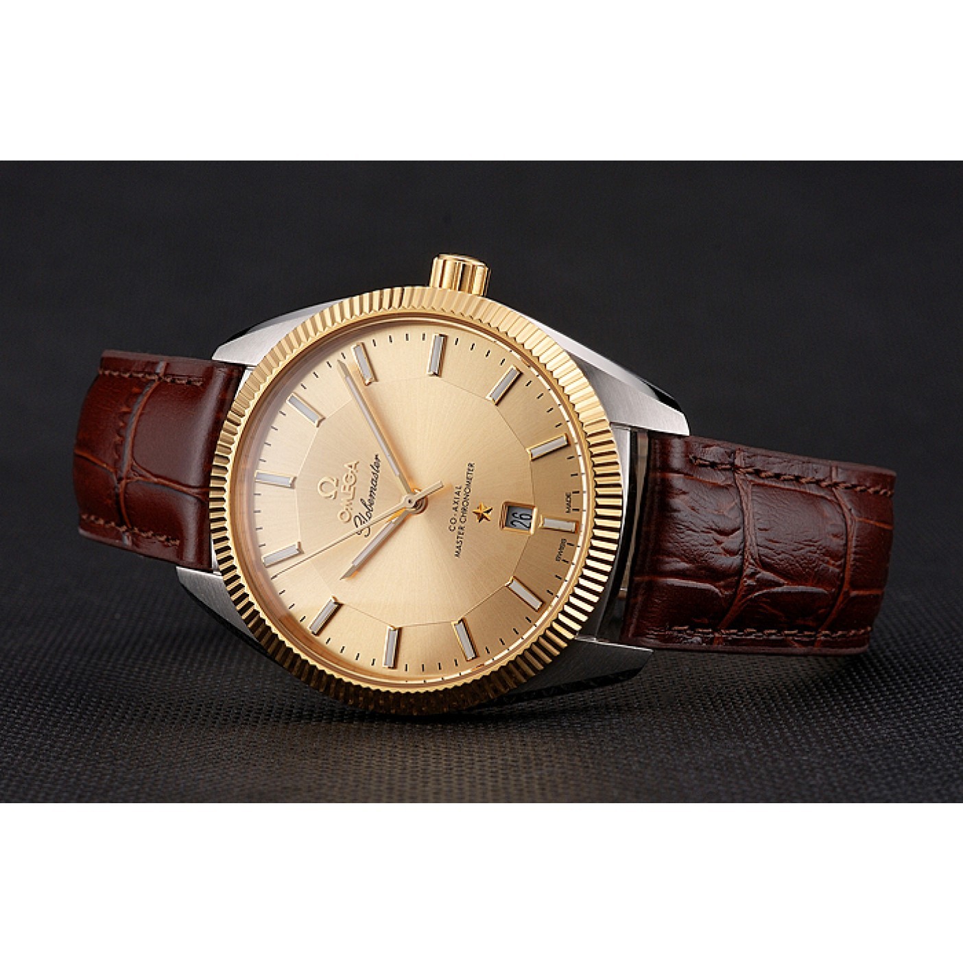 MiroTime Omega Globemaster Gold Dial And Bezel Stainless Steel Case Brown Leather Strap