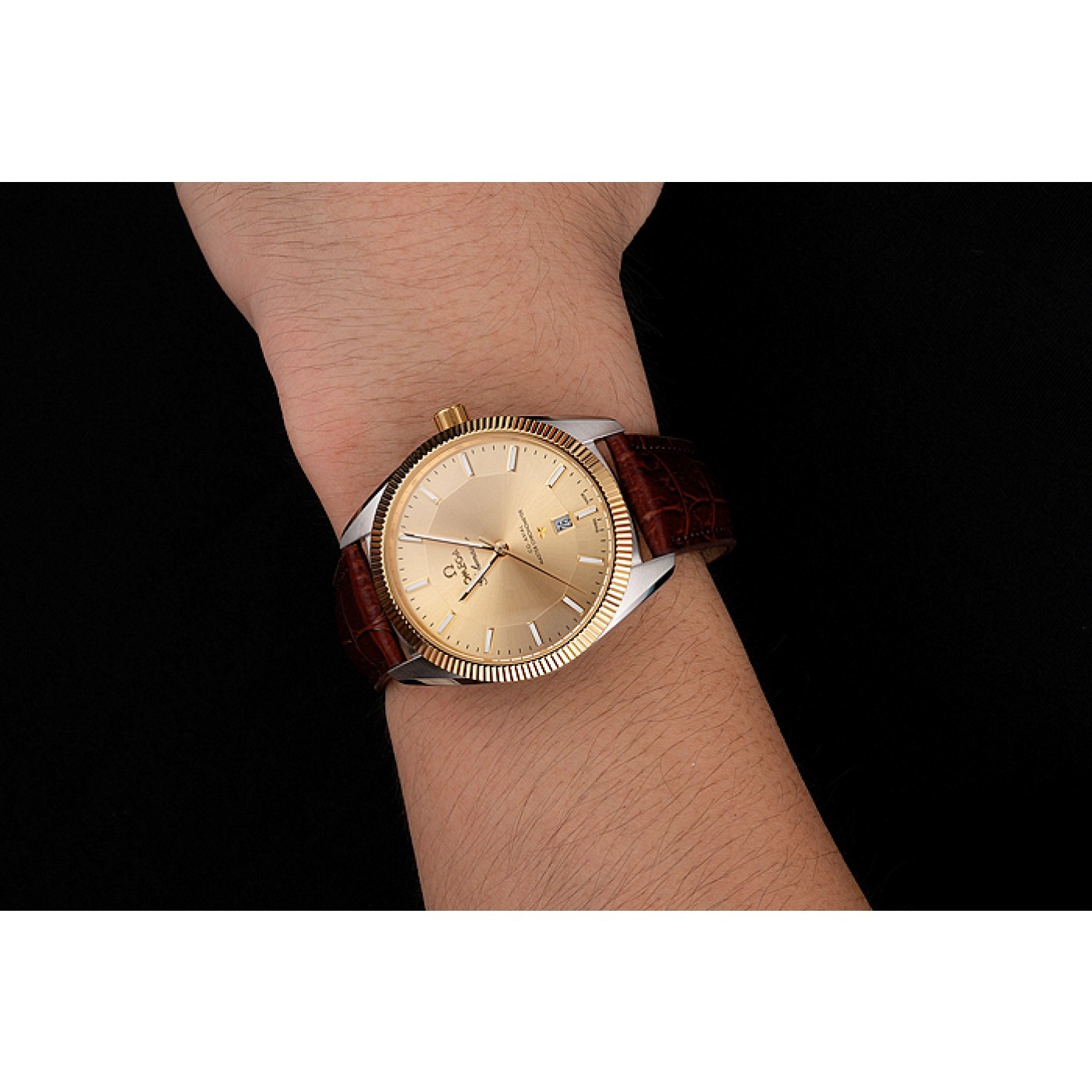 MiroTime Omega Globemaster Gold Dial And Bezel Stainless Steel Case Brown Leather Strap