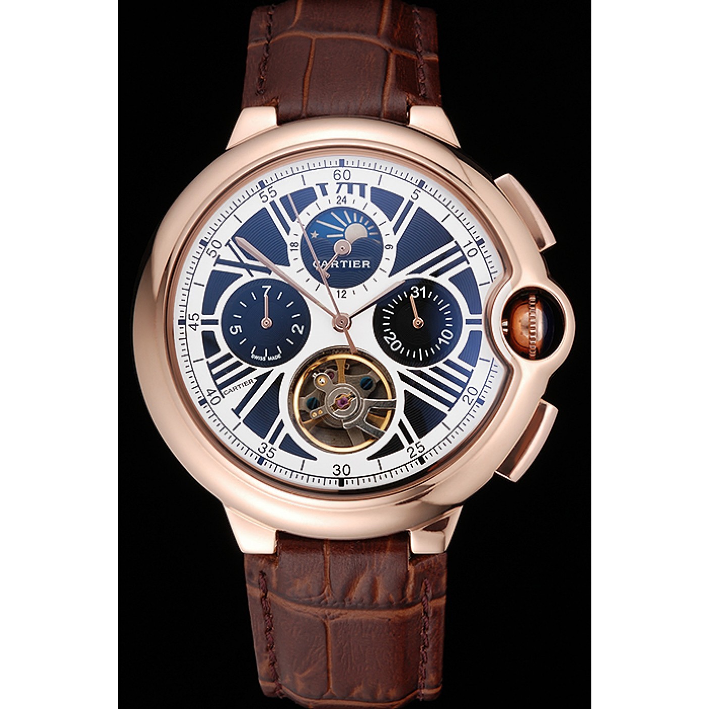 MiroTime Cartier Ballon Bleu Flying Tourbillon Chronograph White Dial Rose Gold Case Brown Leather Strap