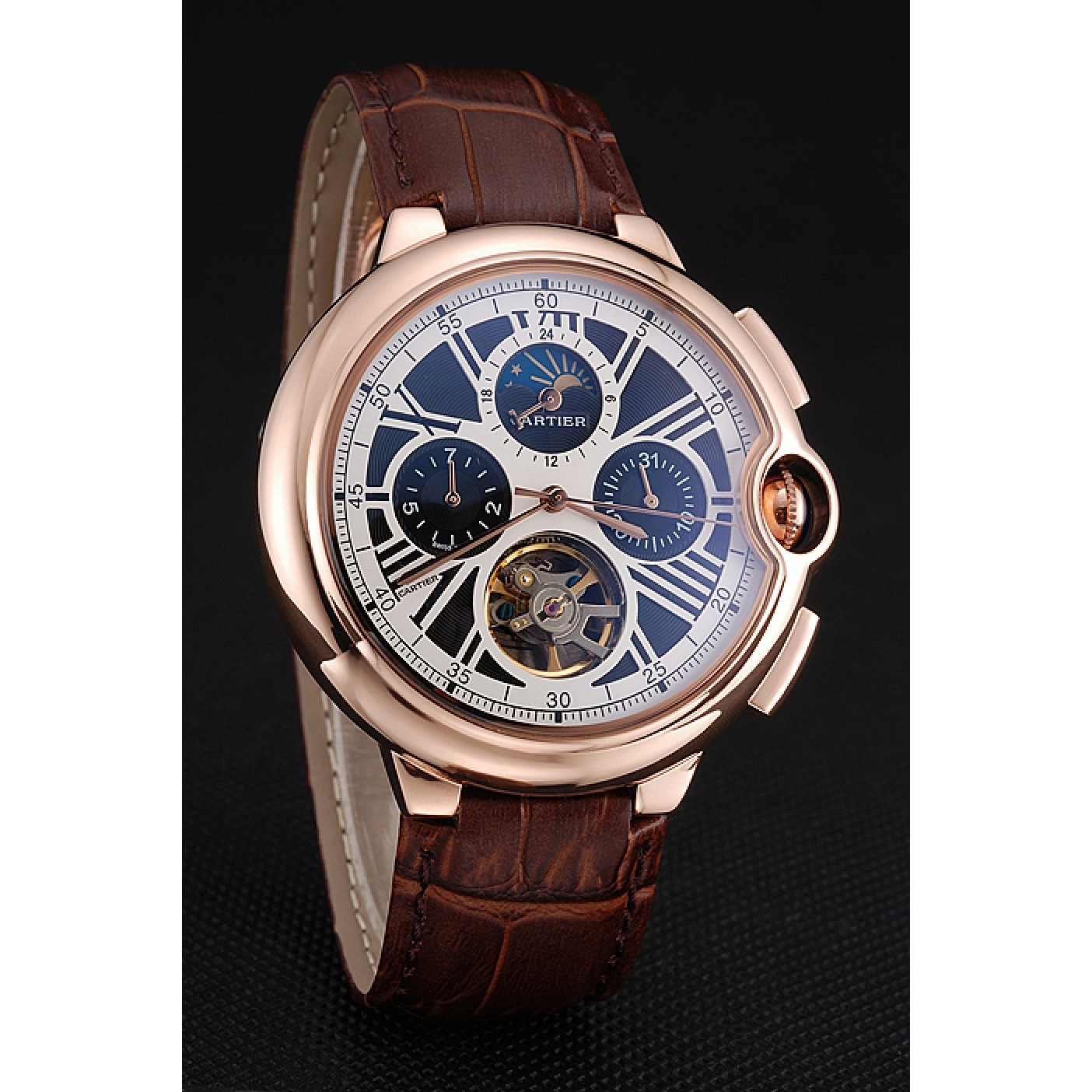 MiroTime Cartier Ballon Bleu Flying Tourbillon Chronograph White Dial Rose Gold Case Brown Leather Strap