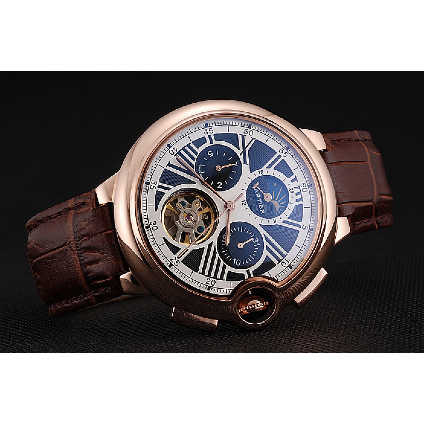 MiroTime Cartier Ballon Bleu Flying Tourbillon Chronograph White Dial Rose Gold Case Brown Leather Strap