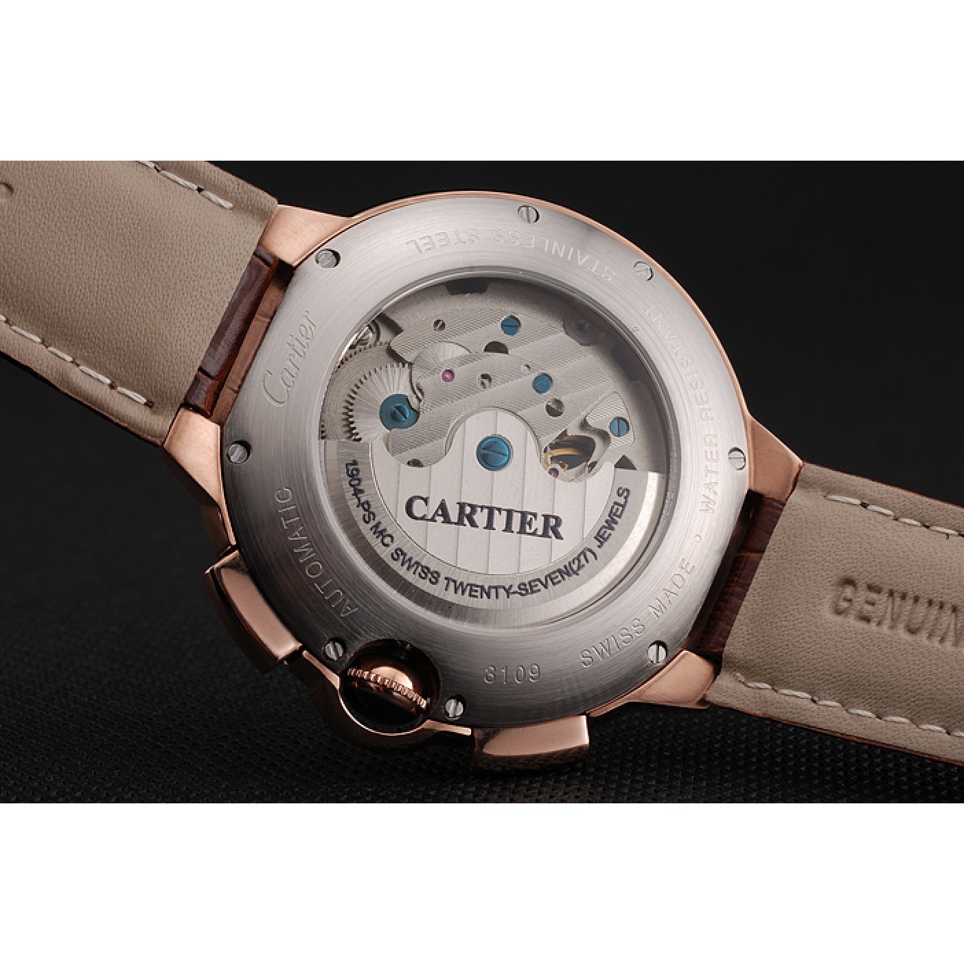 MiroTime Cartier Ballon Bleu Flying Tourbillon Chronograph White Dial Rose Gold Case Brown Leather Strap