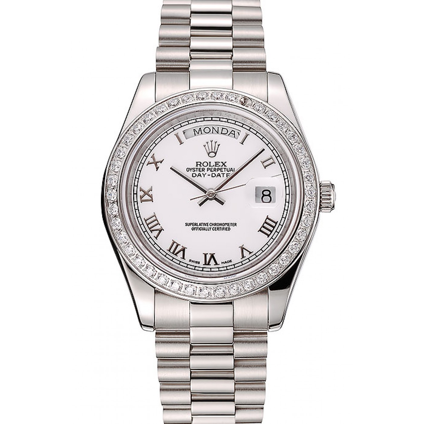 MiroTime Swiss Rolex Day-Date White Dial Diamond Case Stainless Steel Bracelet 1453967