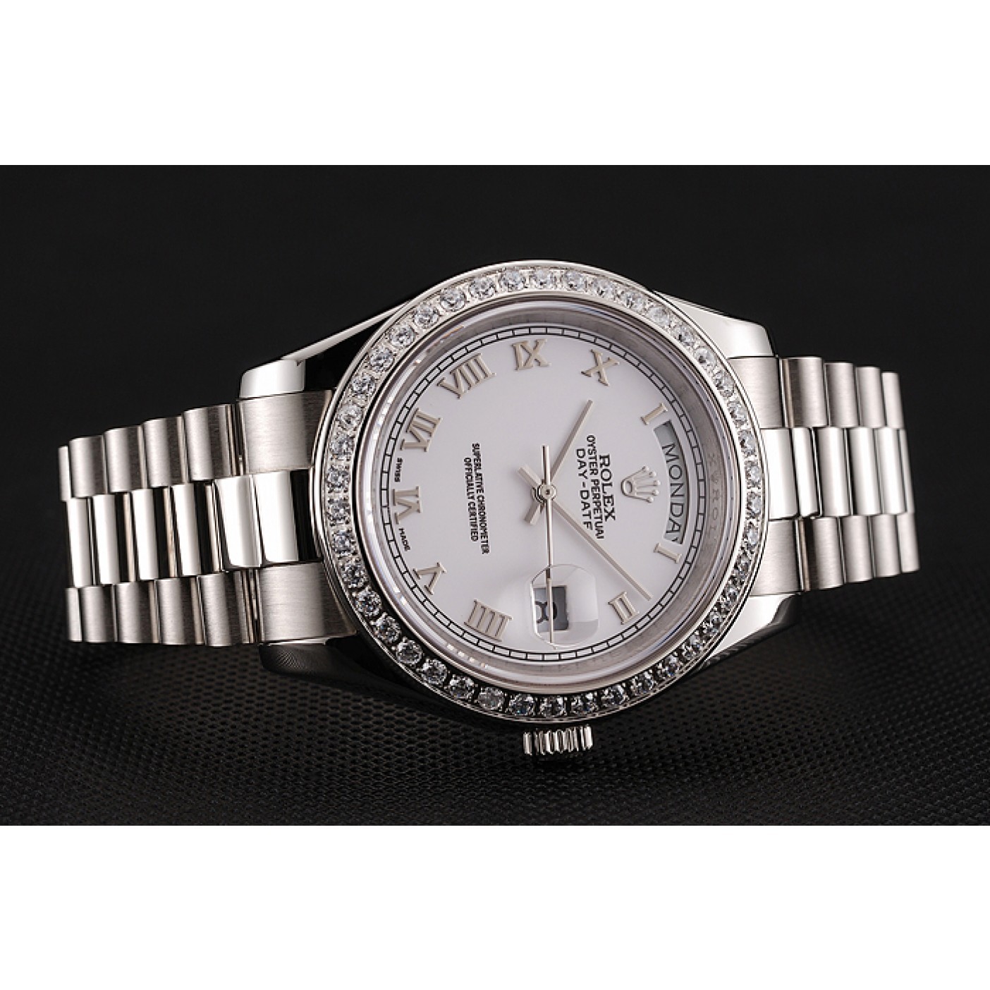 MiroTime Swiss Rolex Day-Date White Dial Diamond Case Stainless Steel Bracelet 1453967