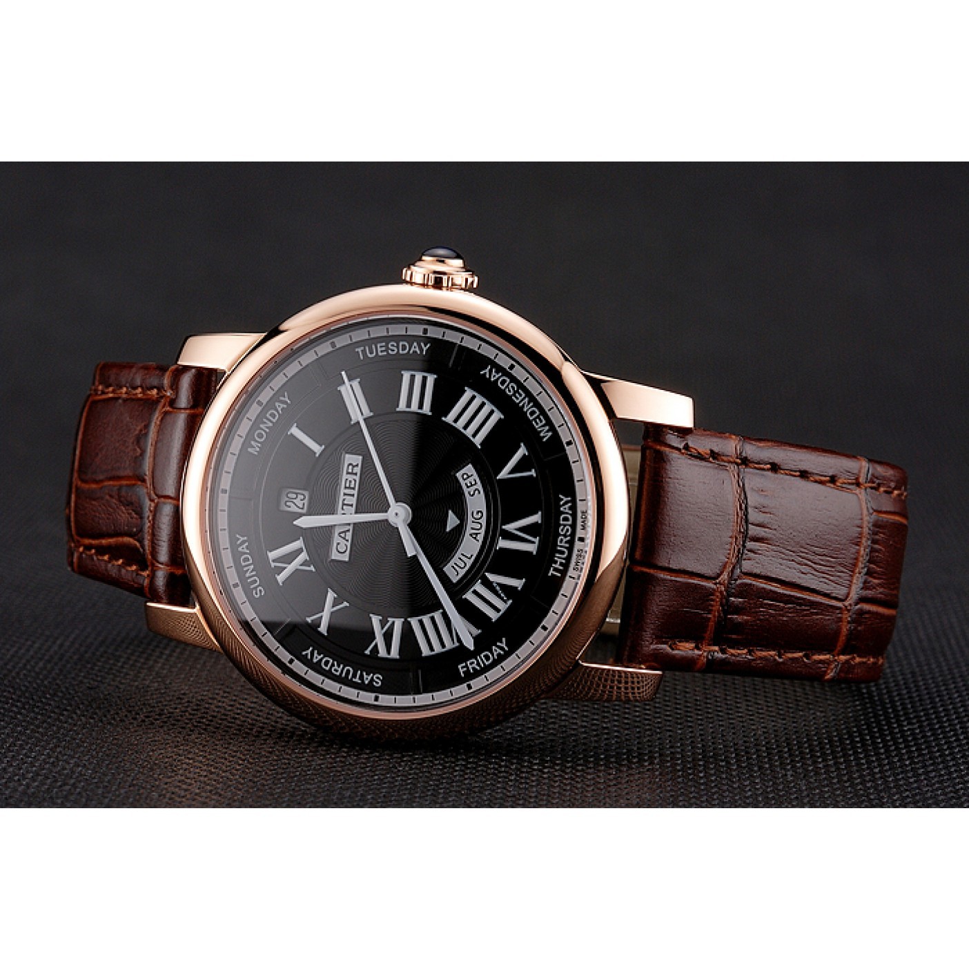 MiroTime Swiss Cartier Rotonde Annual Calendar Black Dial Rose Gold Case Brown Leather Strap