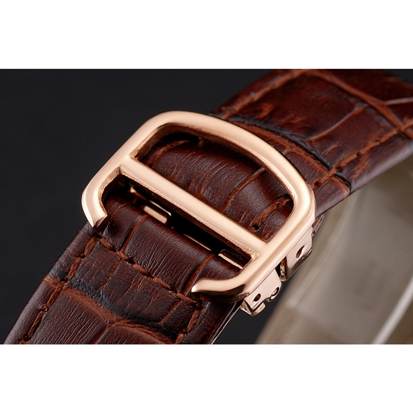 MiroTime Swiss Cartier Rotonde Annual Calendar Black Dial Rose Gold Case Brown Leather Strap