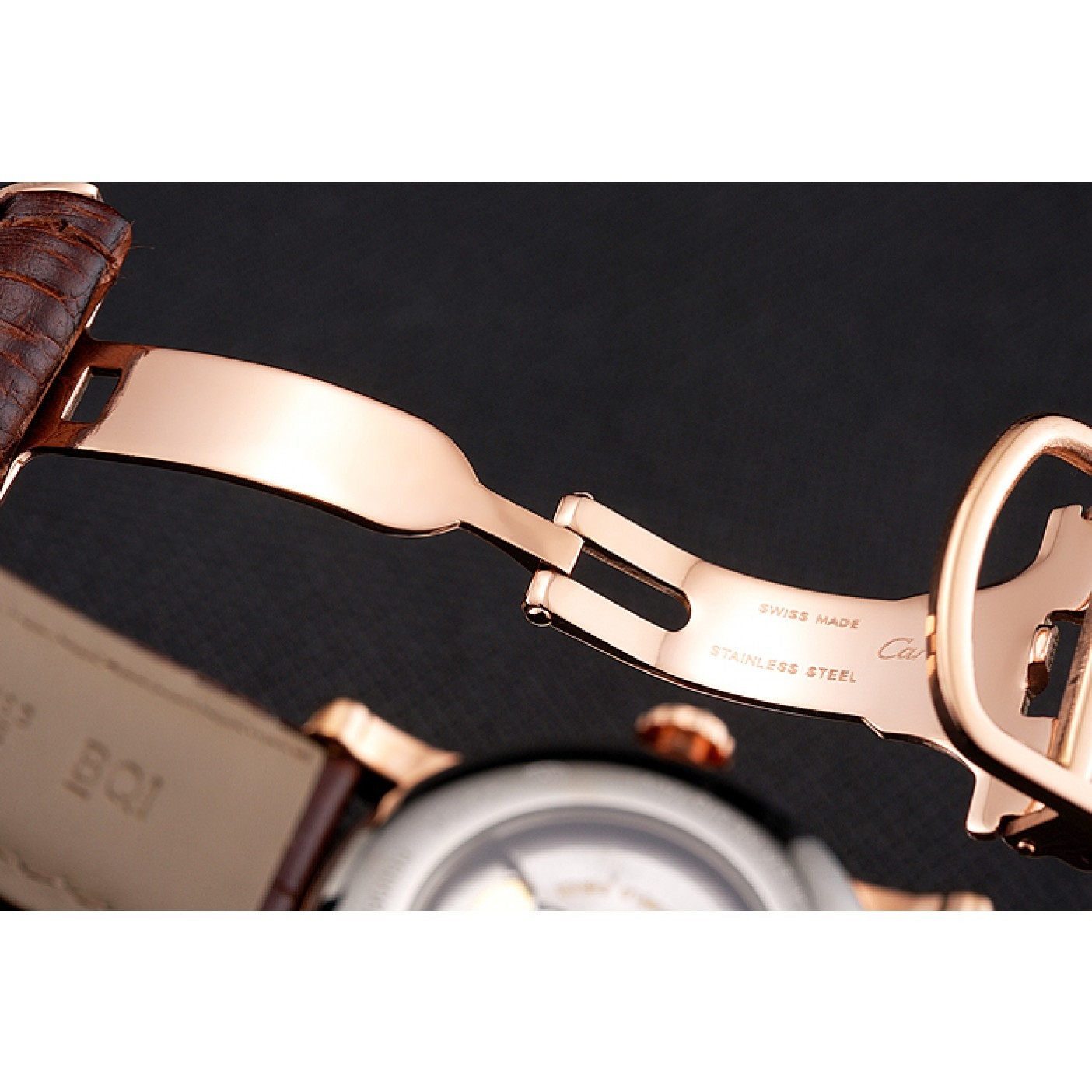 MiroTime Swiss Cartier Rotonde Annual Calendar Black Dial Rose Gold Case Brown Leather Strap