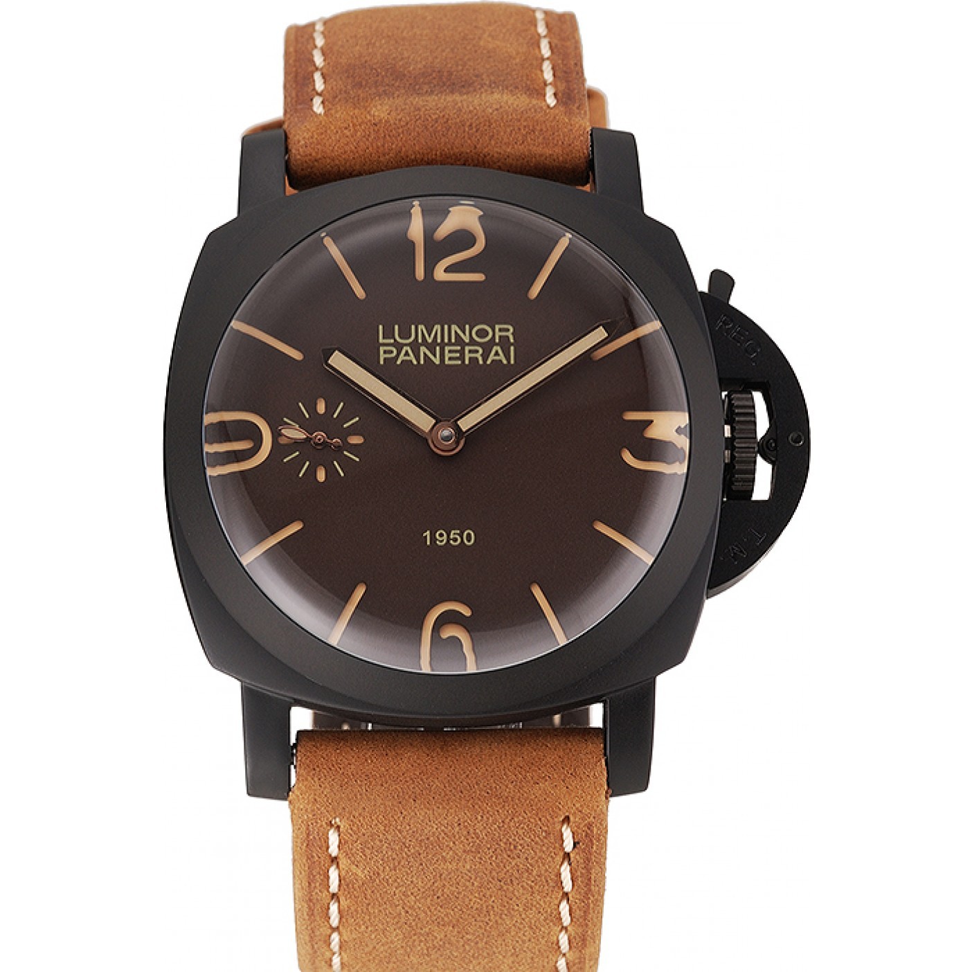 MiroTime Swiss Panerai Luminor 1950 Brown Dial Black PVD Case Brown Suede Leather Strap 1453848