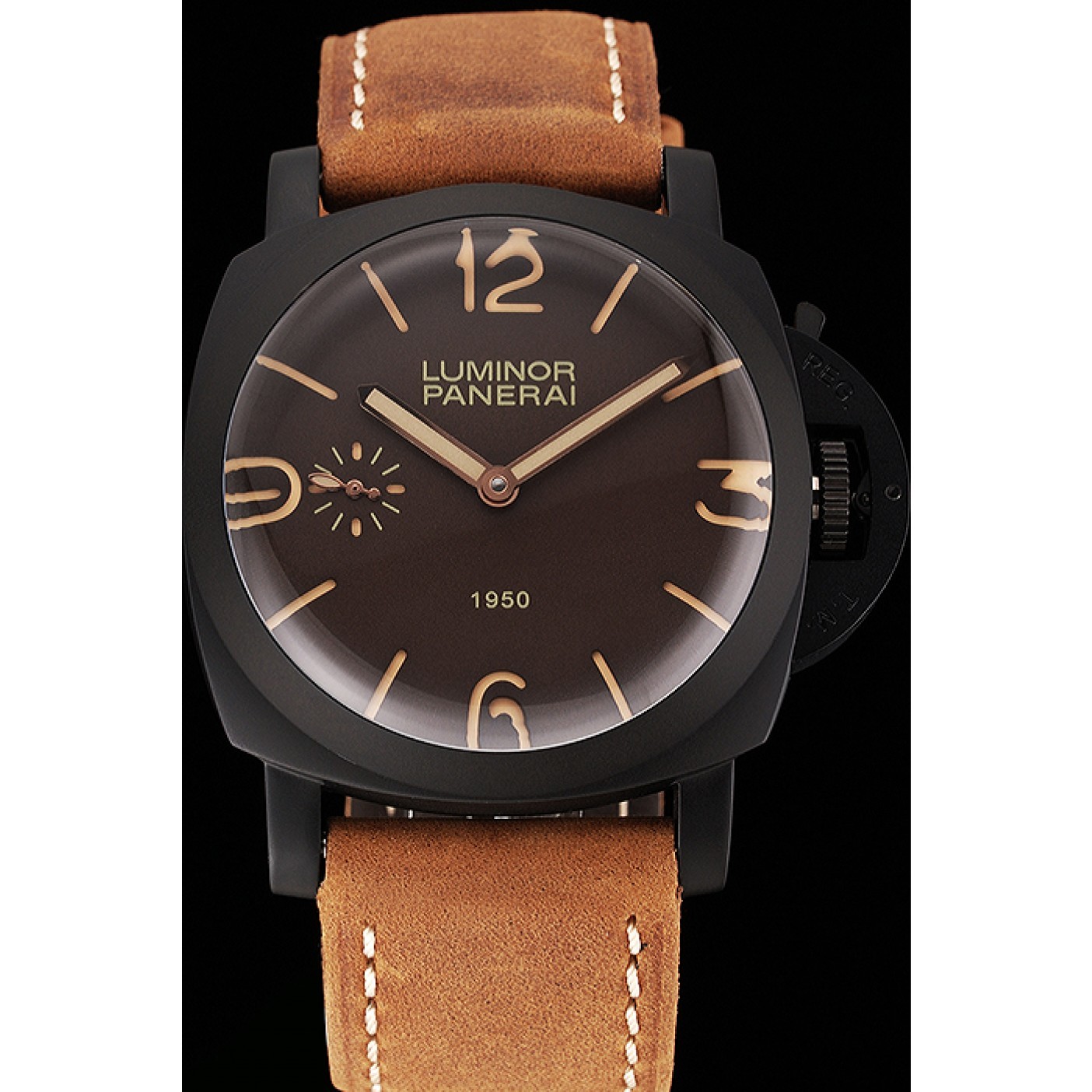 MiroTime Swiss Panerai Luminor 1950 Brown Dial Black PVD Case Brown Suede Leather Strap 1453848