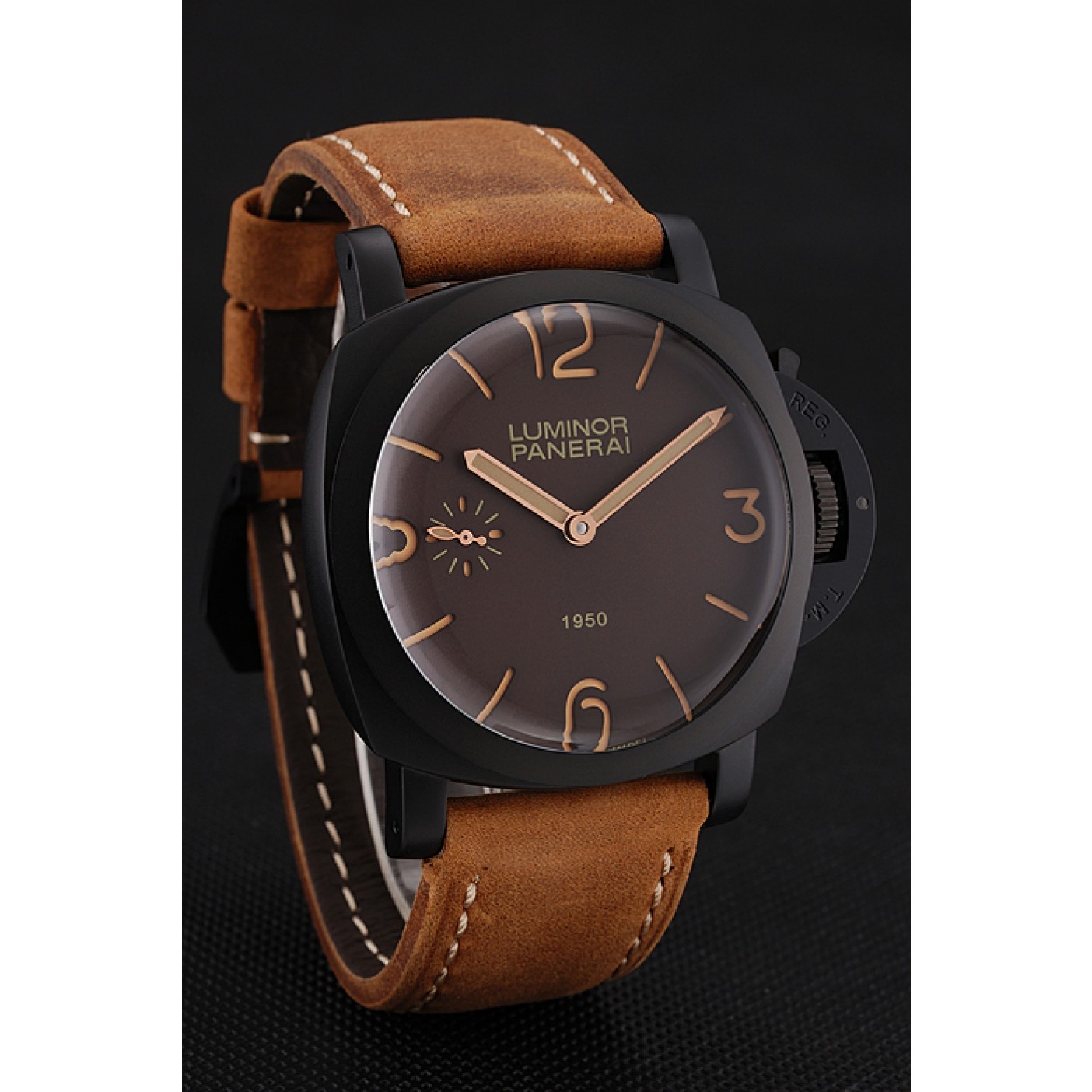 MiroTime Swiss Panerai Luminor 1950 Brown Dial Black PVD Case Brown Suede Leather Strap 1453848