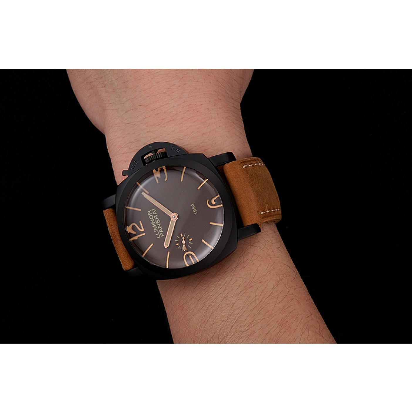 MiroTime Swiss Panerai Luminor 1950 Brown Dial Black PVD Case Brown Suede Leather Strap 1453848