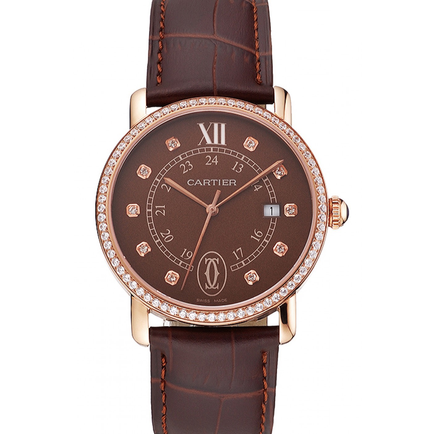 MiroTime Cartier Ronde Solo Brown Dial Diamond Hour Marks And Bezel Rose Gold Case Brown Leather Strap