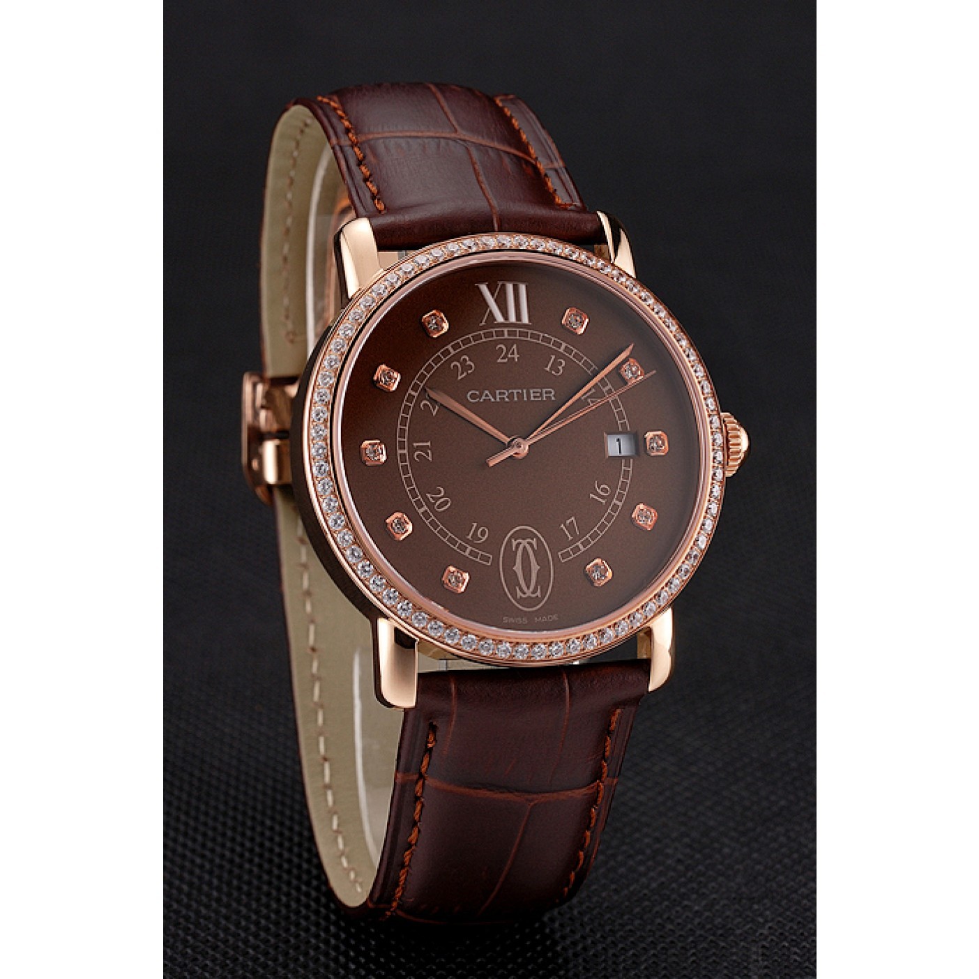 MiroTime Cartier Ronde Solo Brown Dial Diamond Hour Marks And Bezel Rose Gold Case Brown Leather Strap