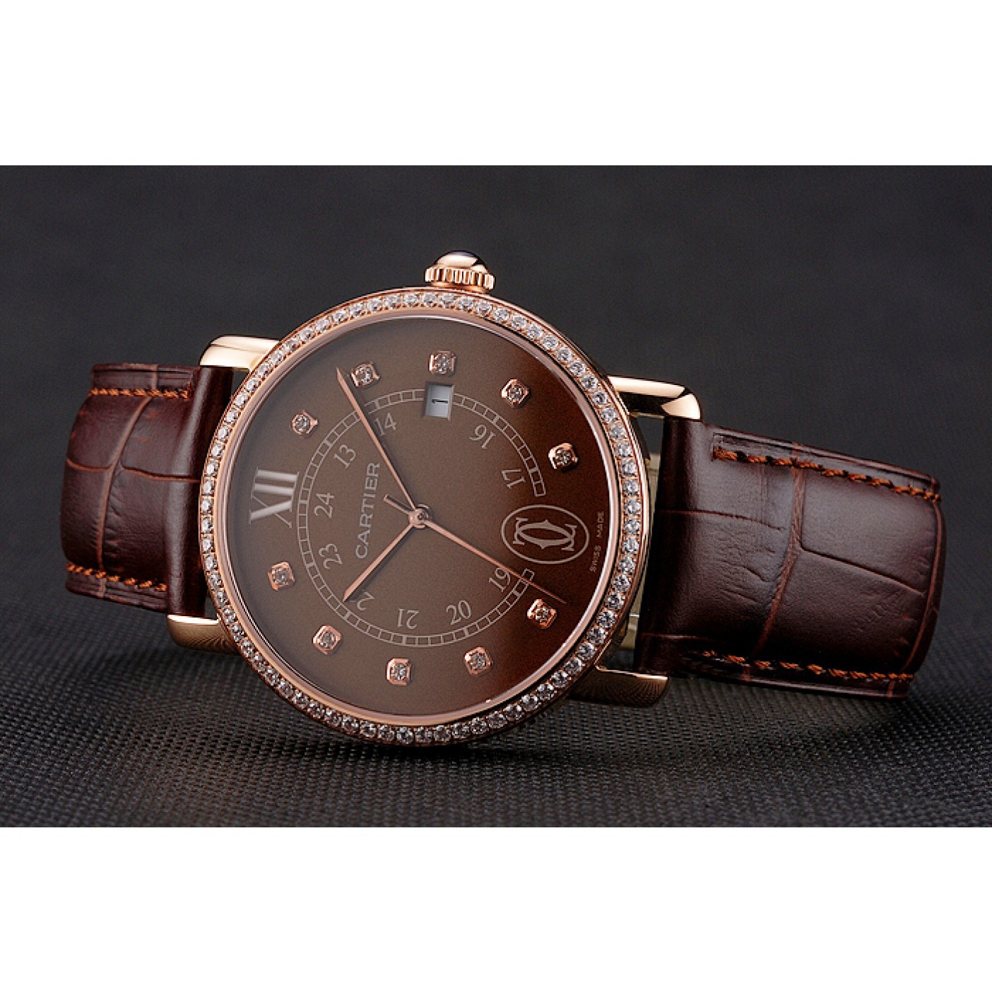 MiroTime Cartier Ronde Solo Brown Dial Diamond Hour Marks And Bezel Rose Gold Case Brown Leather Strap