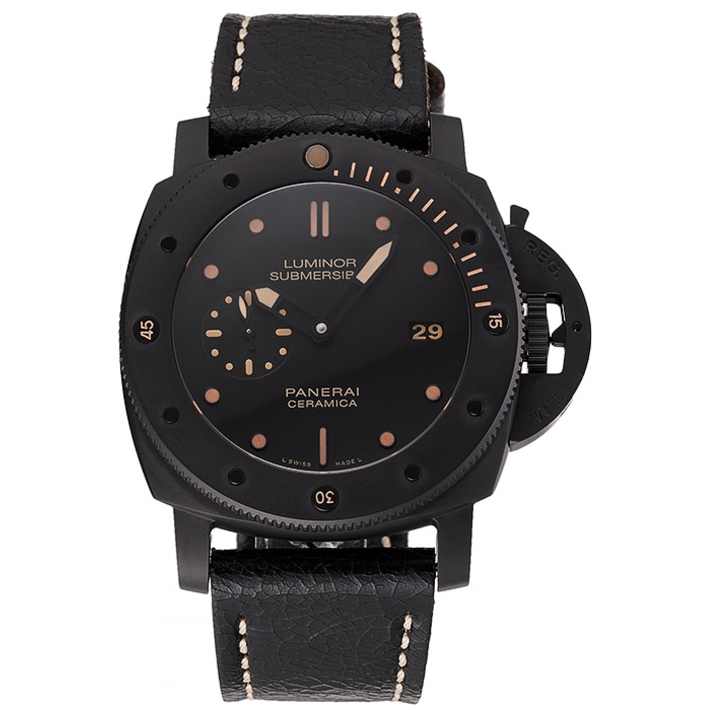MiroTime Swiss Panerai Luminor Submersible 3 Days Black Dial Black Case Black Leather Strap