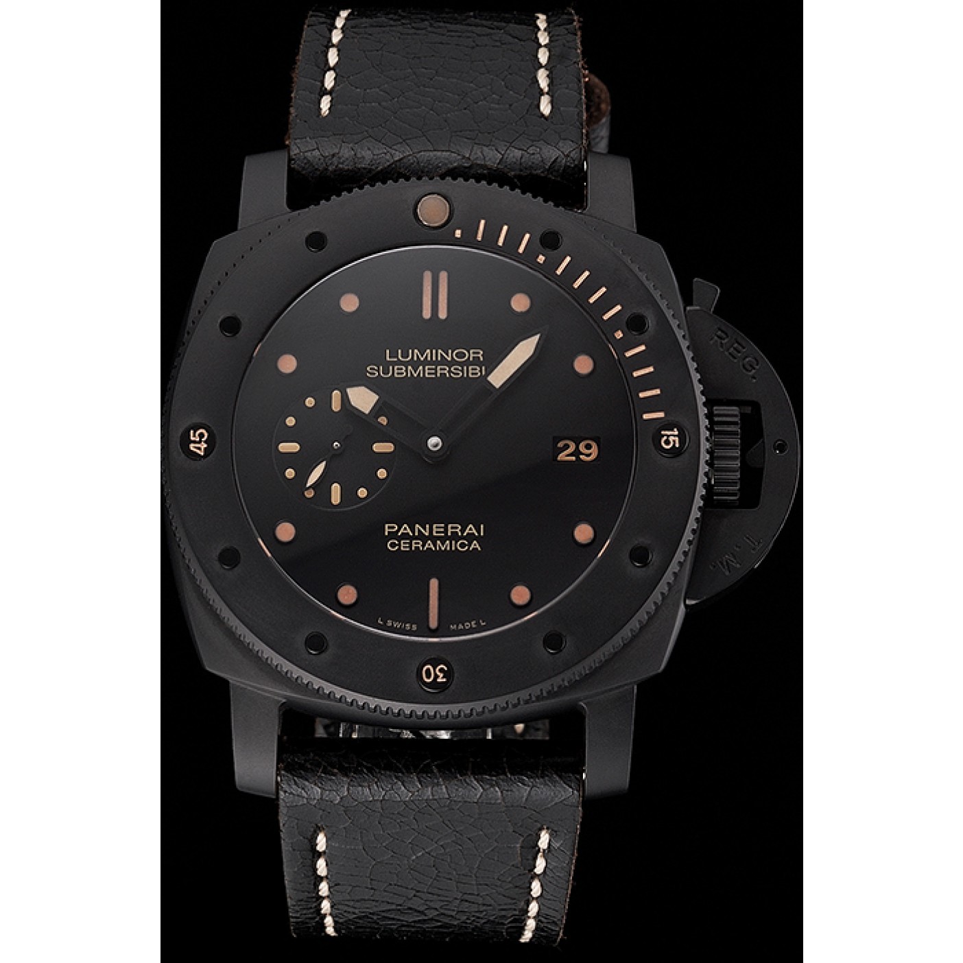 MiroTime Swiss Panerai Luminor Submersible 3 Days Black Dial Black Case Black Leather Strap