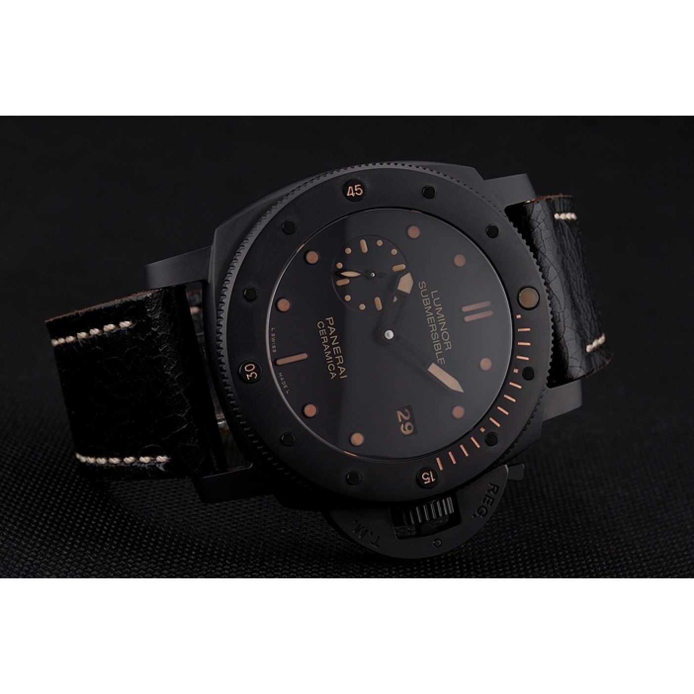MiroTime Swiss Panerai Luminor Submersible 3 Days Black Dial Black Case Black Leather Strap