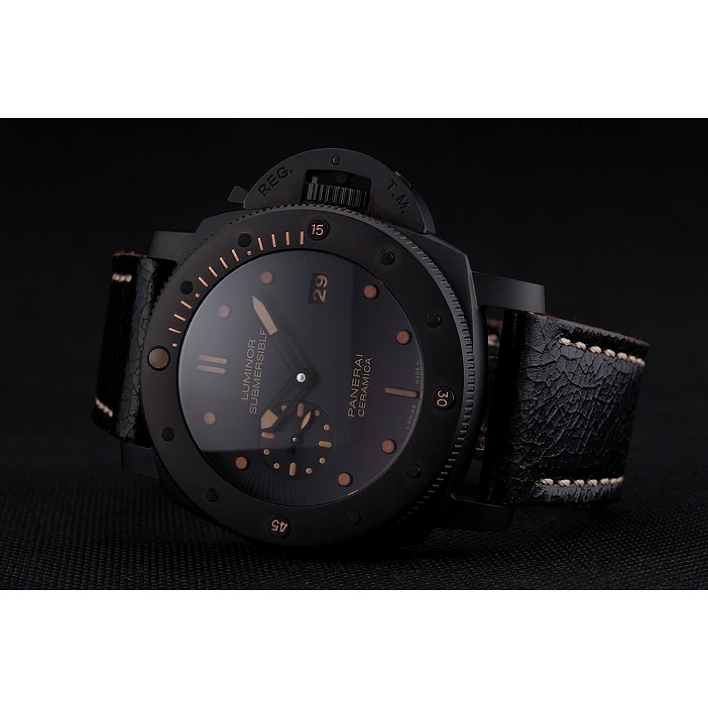 MiroTime Swiss Panerai Luminor Submersible 3 Days Black Dial Black Case Black Leather Strap