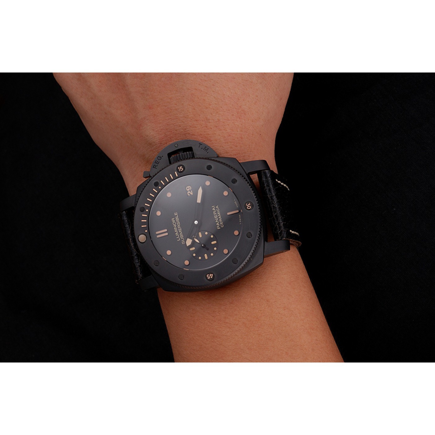 MiroTime Swiss Panerai Luminor Submersible 3 Days Black Dial Black Case Black Leather Strap