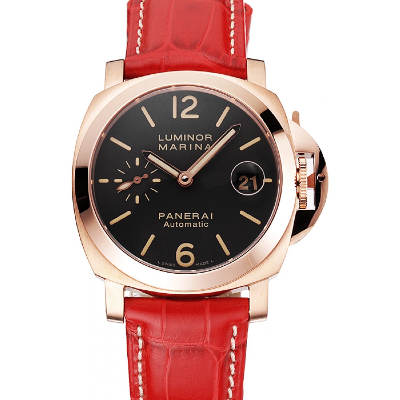 MiroTime Swiss Panerai Luminor Marina Black Dial Rose Gold Case Red Leather Strap