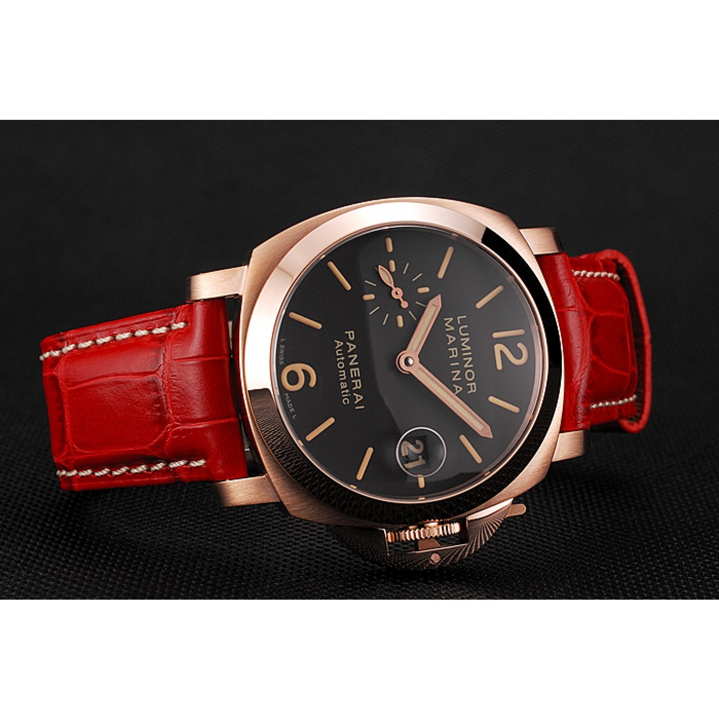 MiroTime Swiss Panerai Luminor Marina Black Dial Rose Gold Case Red Leather Strap