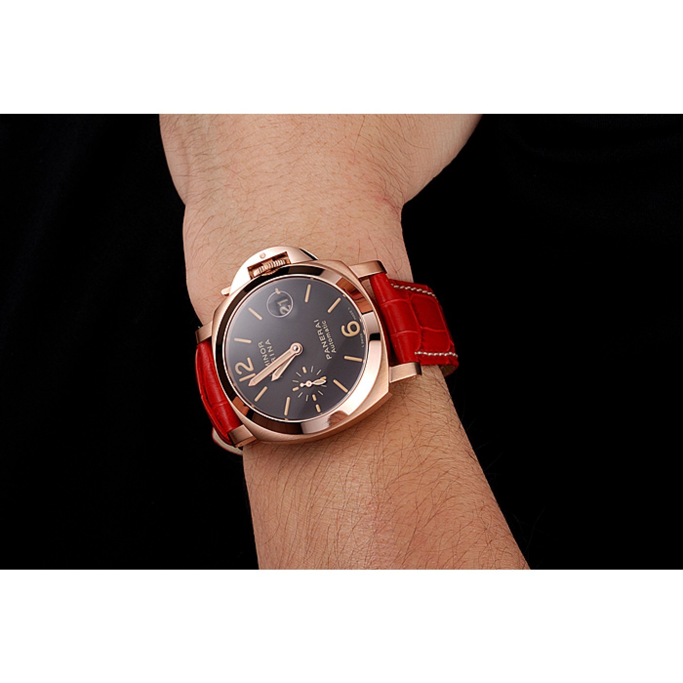 MiroTime Swiss Panerai Luminor Marina Black Dial Rose Gold Case Red Leather Strap