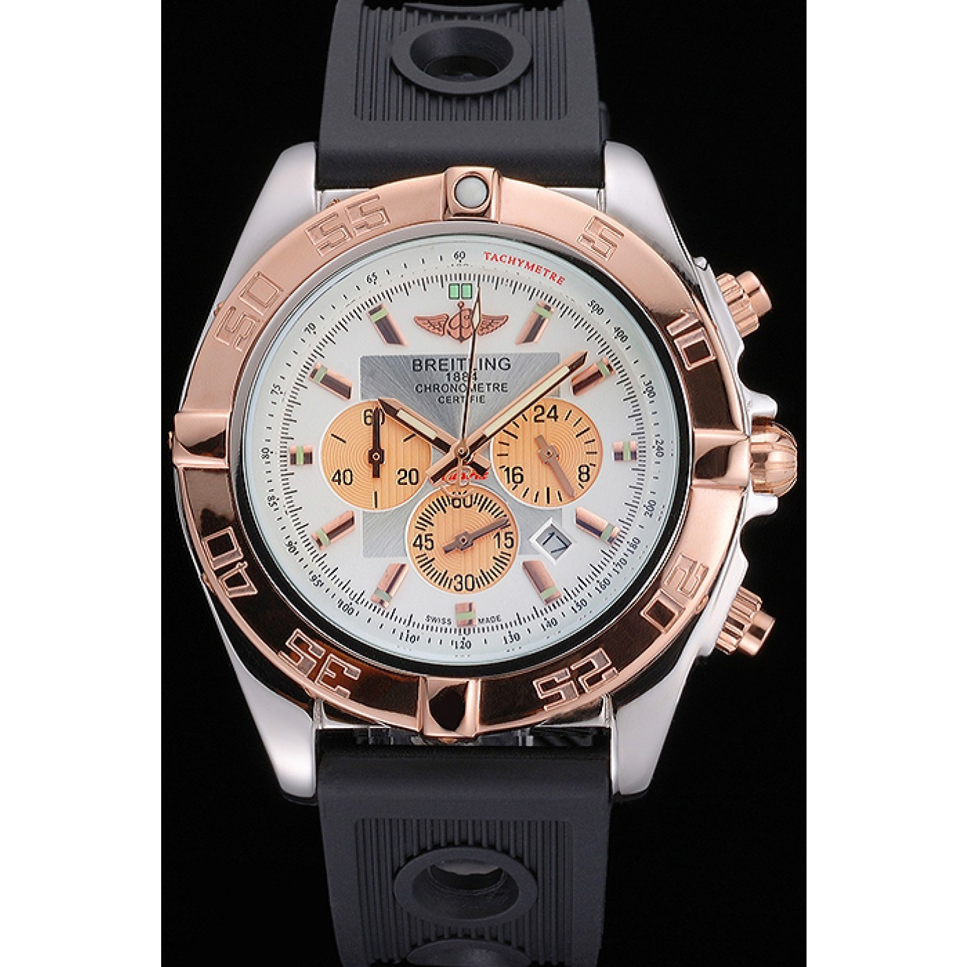 MiroTime Breitling Chronomat White Dial Rose Gold Bezel And Subdials Stainless Steel Case Black Rubber Strap