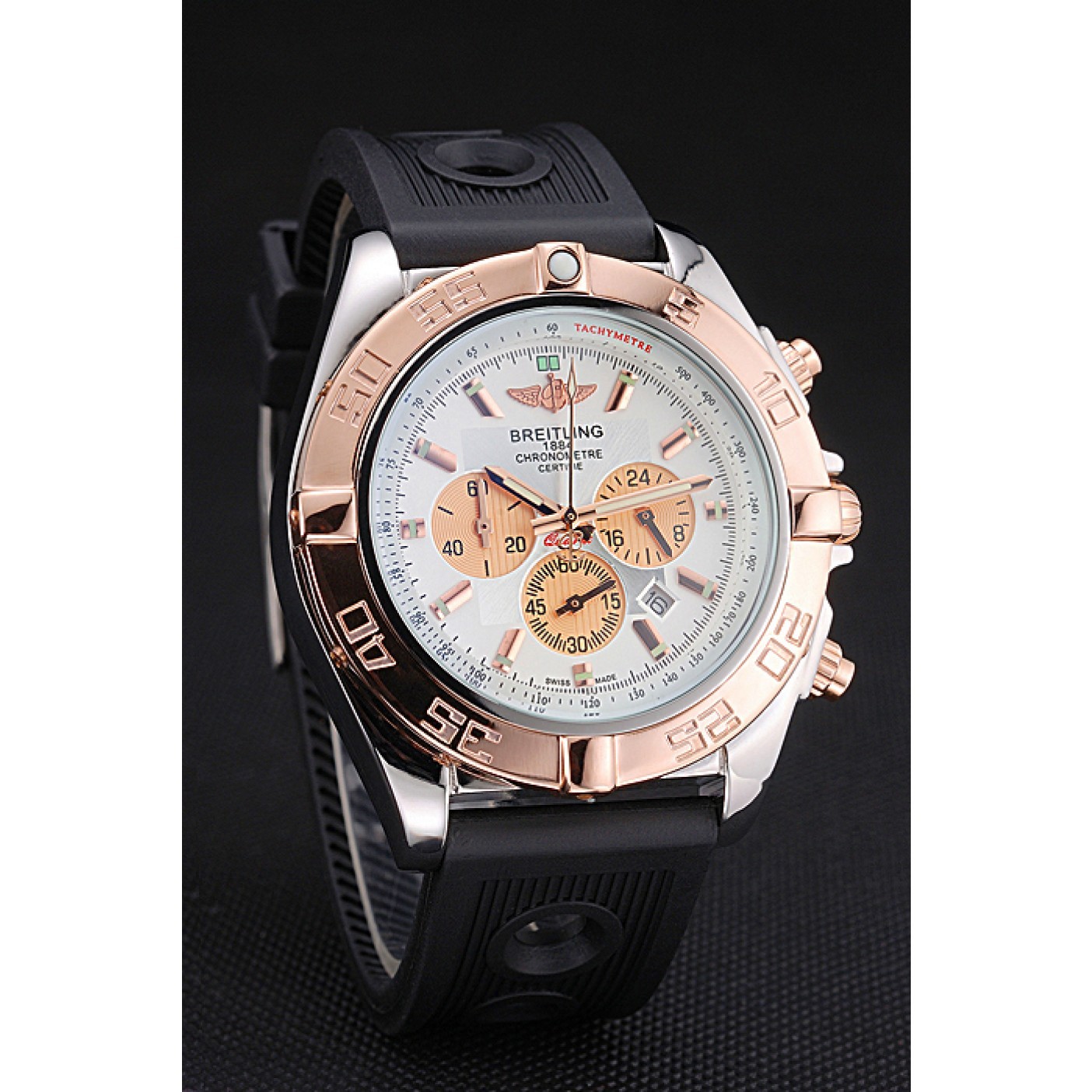 MiroTime Breitling Chronomat White Dial Rose Gold Bezel And Subdials Stainless Steel Case Black Rubber Strap
