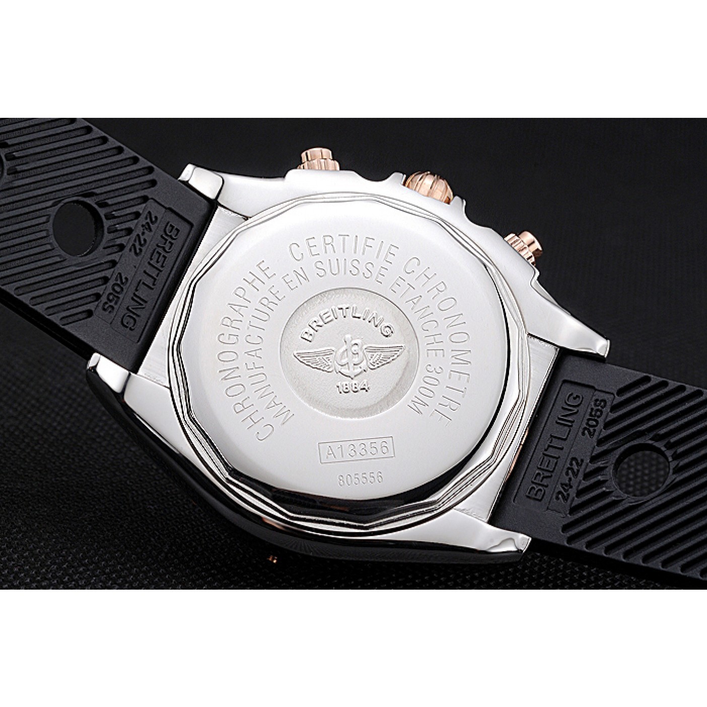 MiroTime Breitling Chronomat White Dial Rose Gold Bezel And Subdials Stainless Steel Case Black Rubber Strap